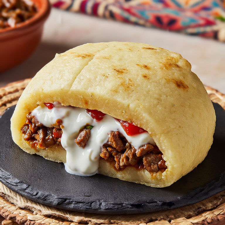 Arepa de Mantu Afgano: Relleno de Carne Especiada con Salsa de Yogur y Menta