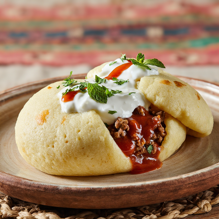 Arepa de Mantu Afgano: Relleno de Carne Especiada con Yogur y Salsa de Tomate