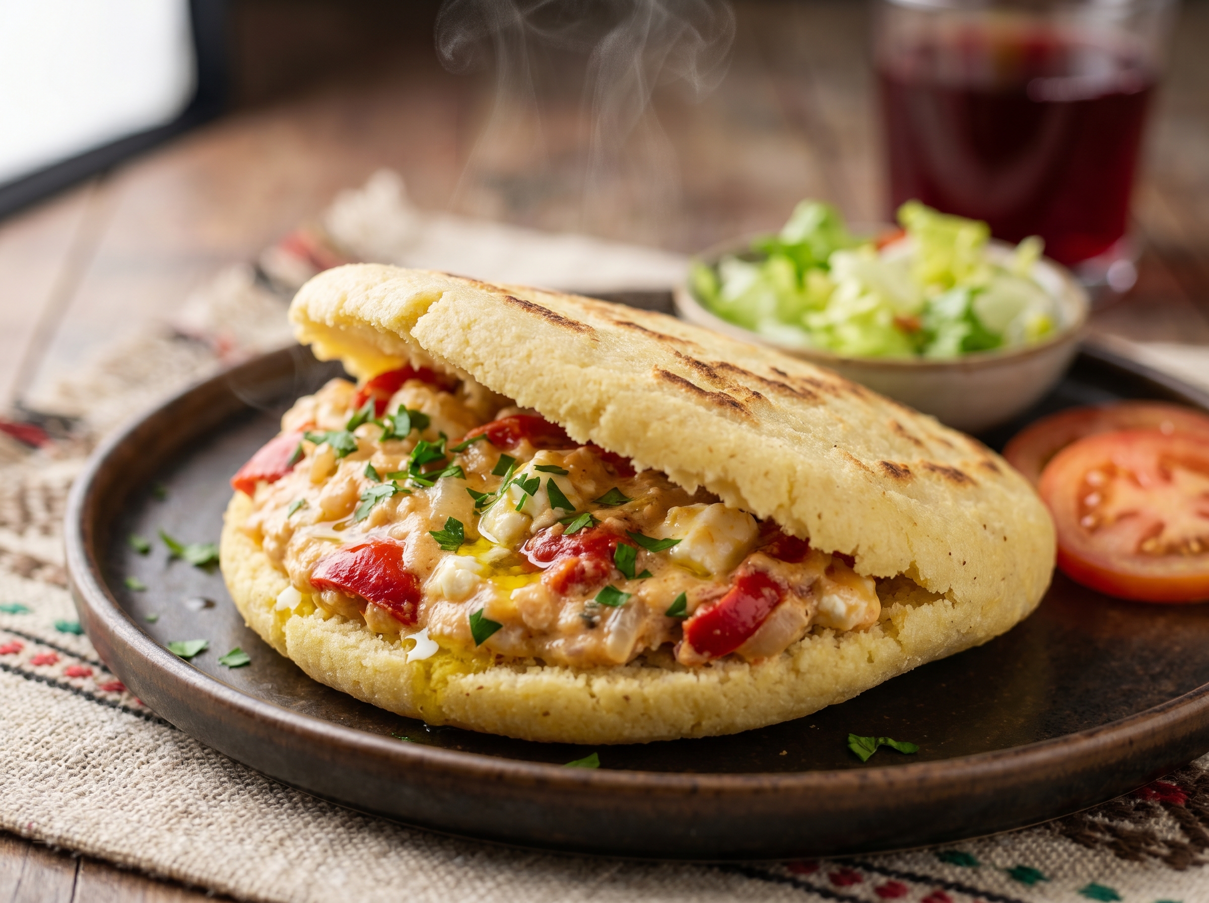Arepa albanesa de fërgesë: relleno cremoso de pimientos y queso