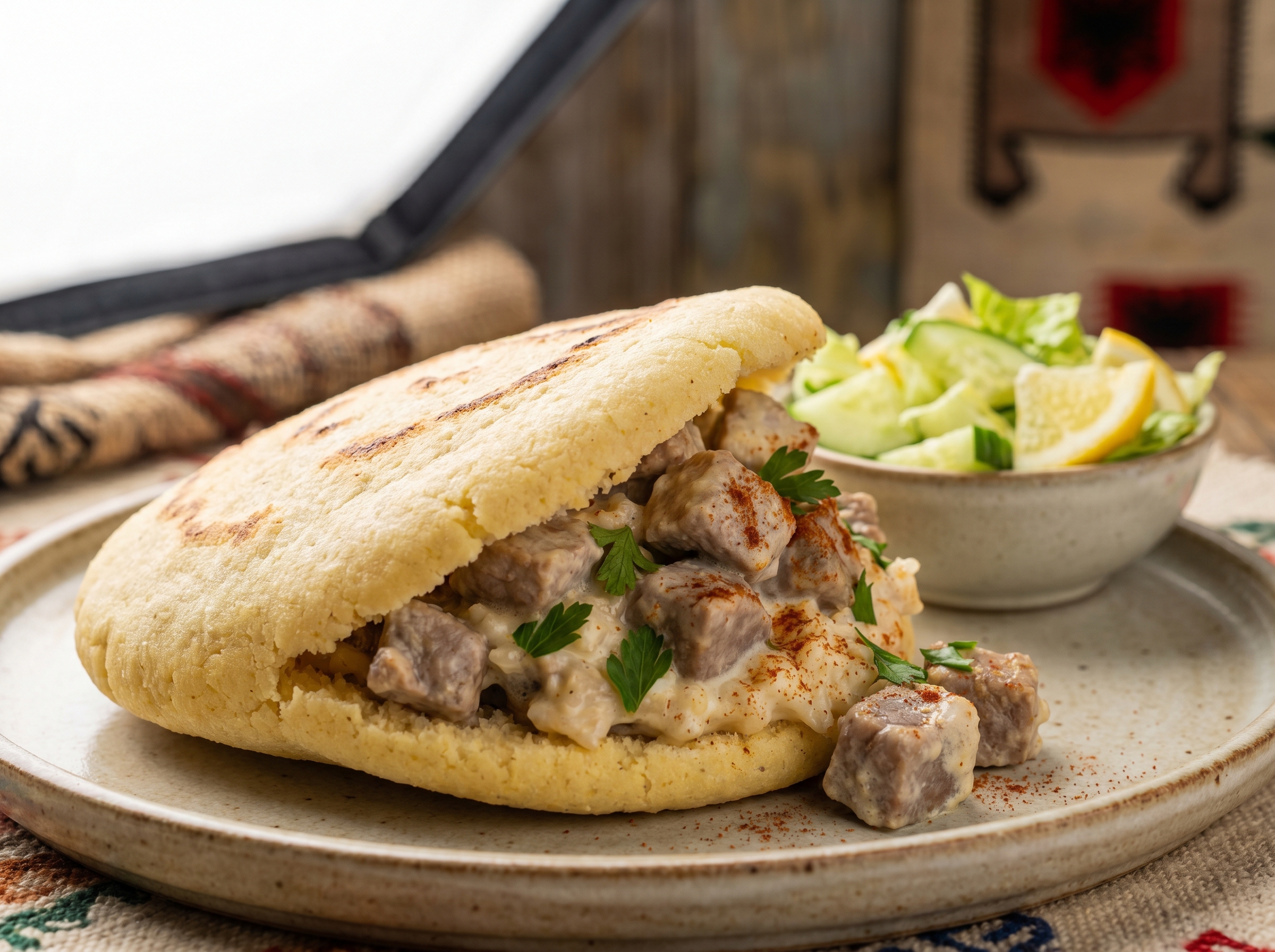 Arepa rellena de cordero al estilo Tave Kosi (Albania)