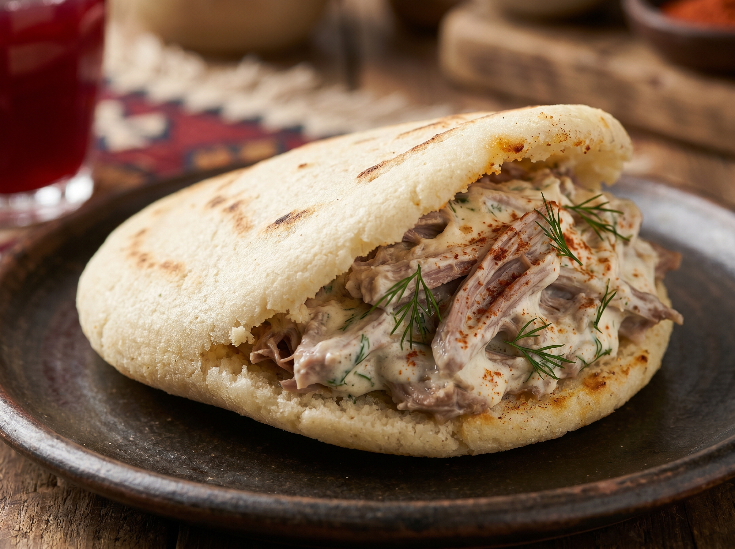 Arepa de Cordero al Estilo Kavajë (Tavë Kosi en Arepa)
