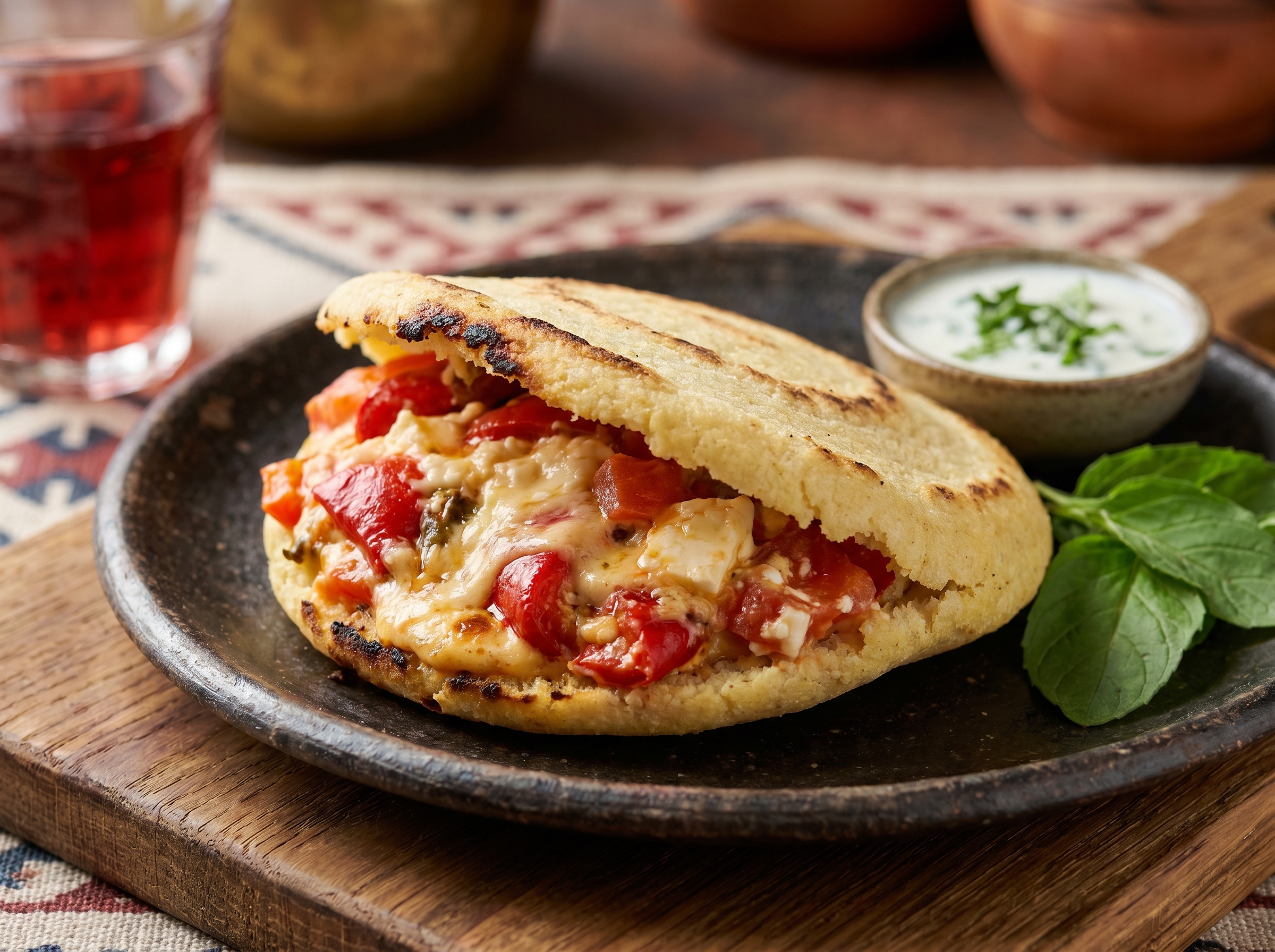 Arepa de Fërgesë (Arepa Rellena de Guiso Albanés de Pimientos y Queso)