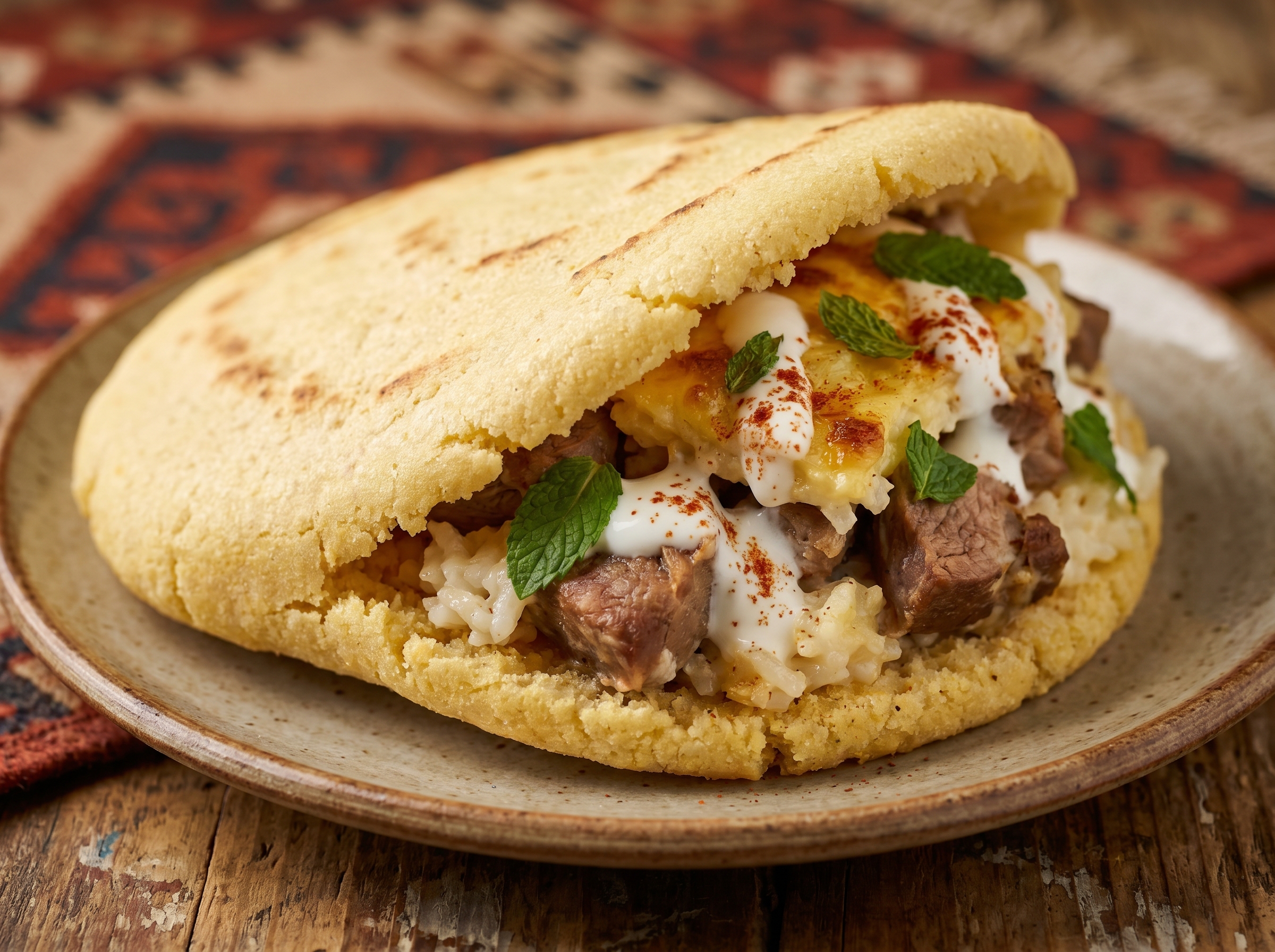Arepa de Tavë Kosi – Cordero al Horno con Yogur en Arepa Crujiente