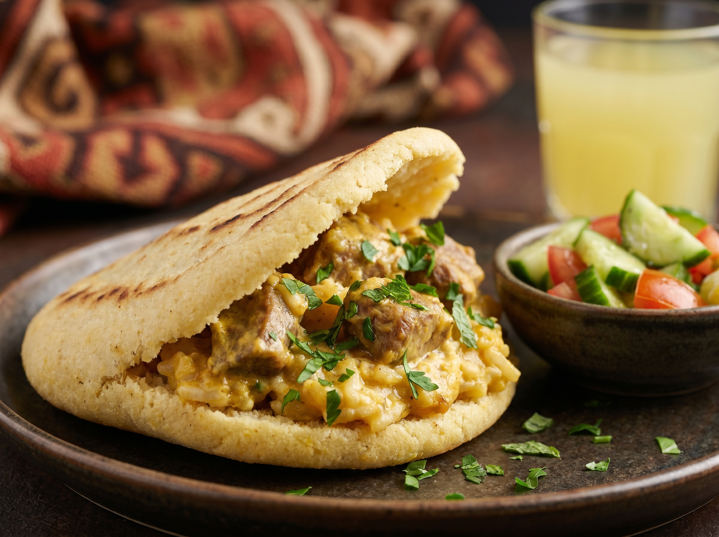 Arepas de Tavë Kosi (Arepas Rellenas de Cordero al Horno con Yogur – Inspiración Albanesa)