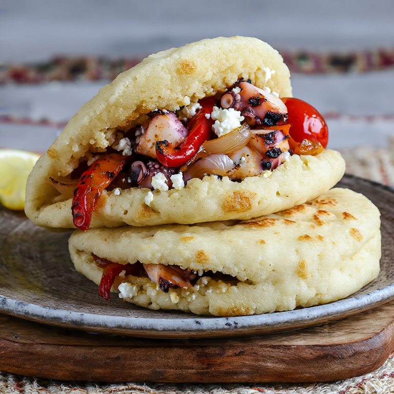 Arepa Vlorë: Pulpo a la Parrilla con Vegetales Asados y Queso Feta