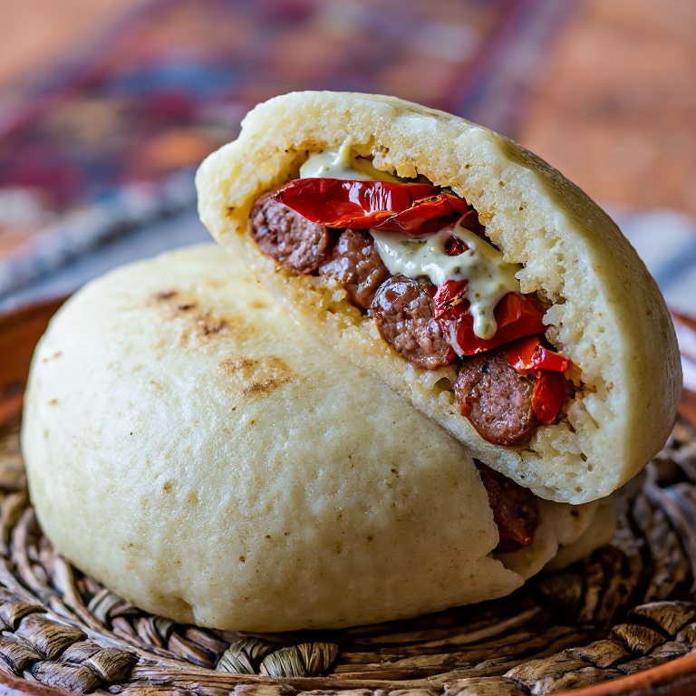Arepa de Merguez con Harissa y Pimientos Asados