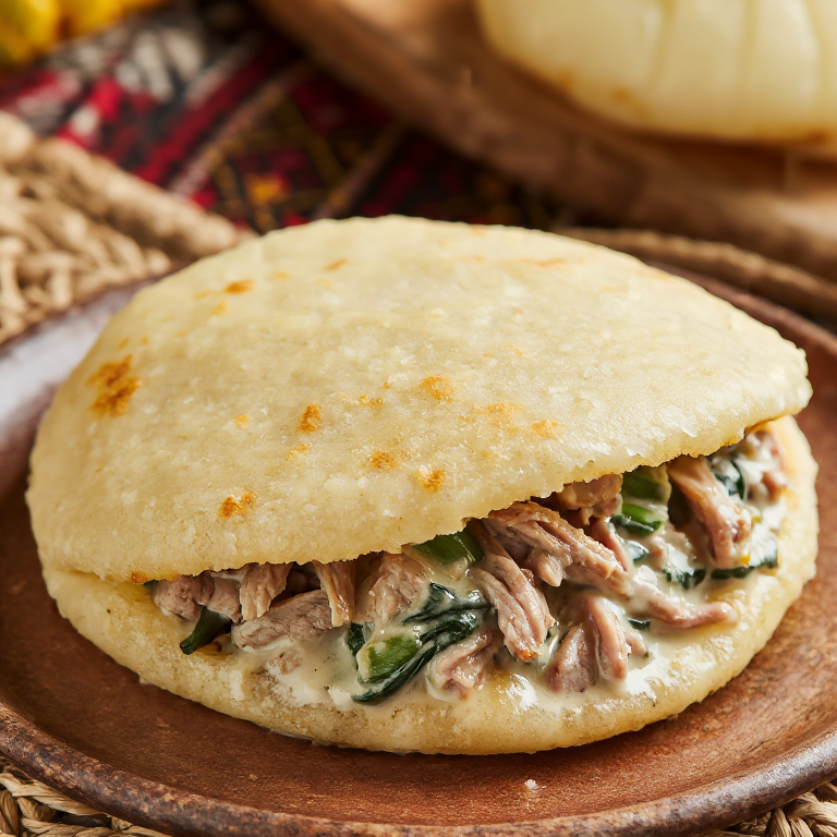Arepa estilo Pepperpot de Antigua (rellena de cerdo guisado en leche de coco y especias)