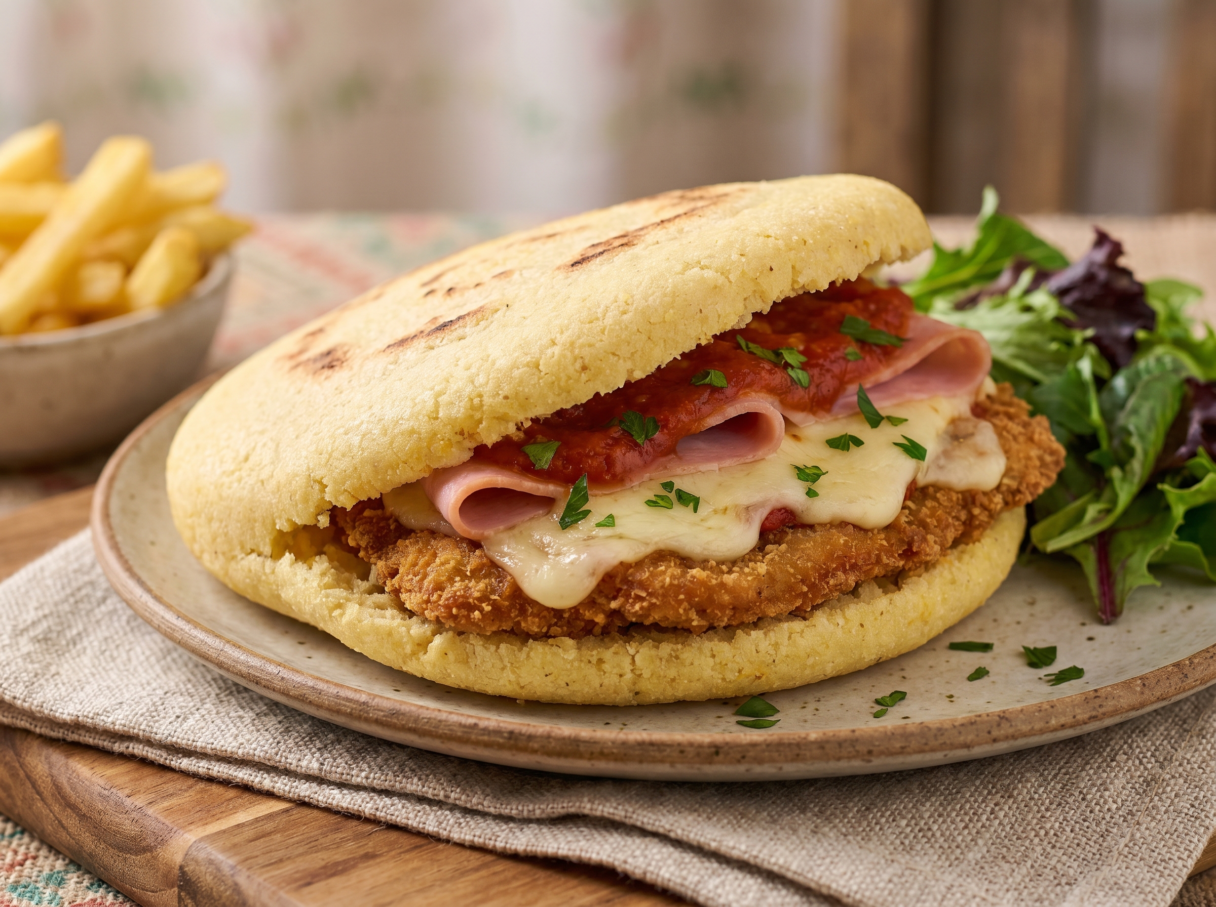 Arepa de Milanesa a la Napolitana (Argentine-Style Stuffed Arepa)
