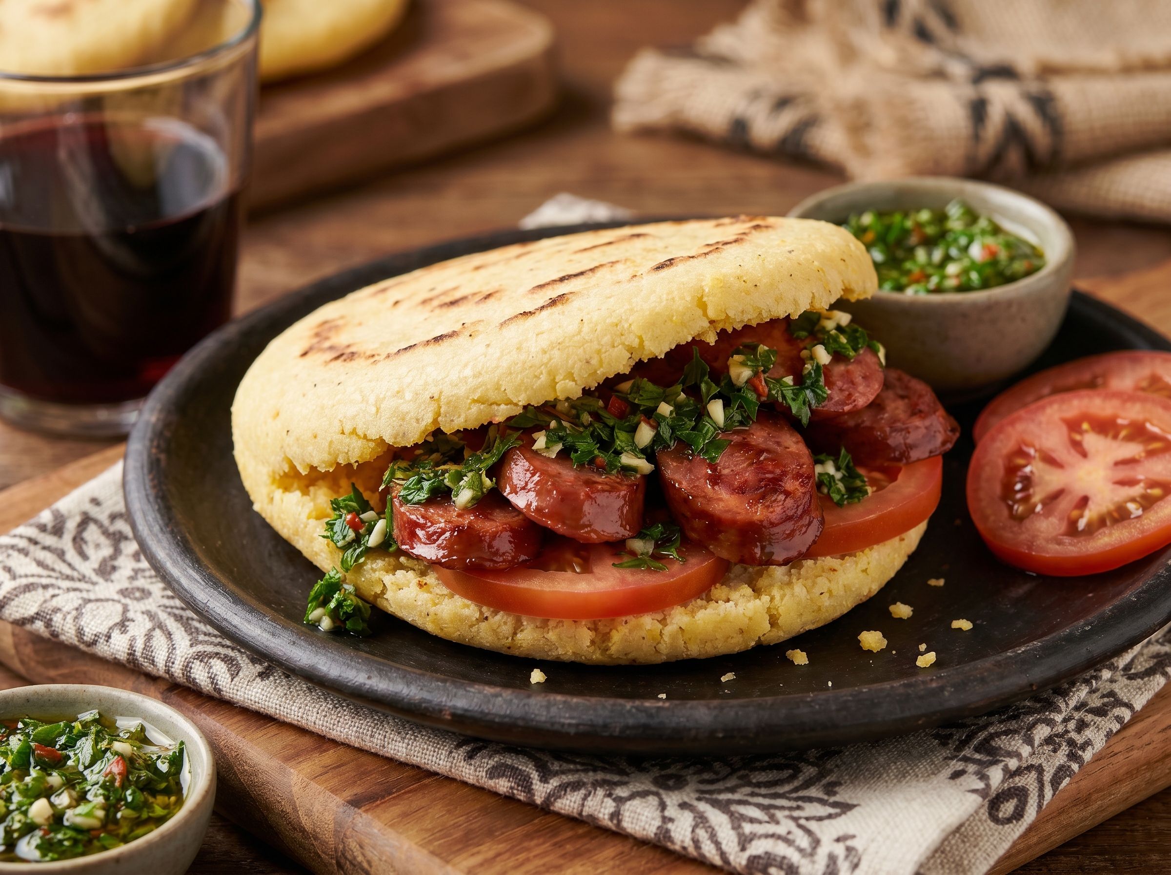 Arepa de Choripán (Chorizo Argentino con Chimichurri)