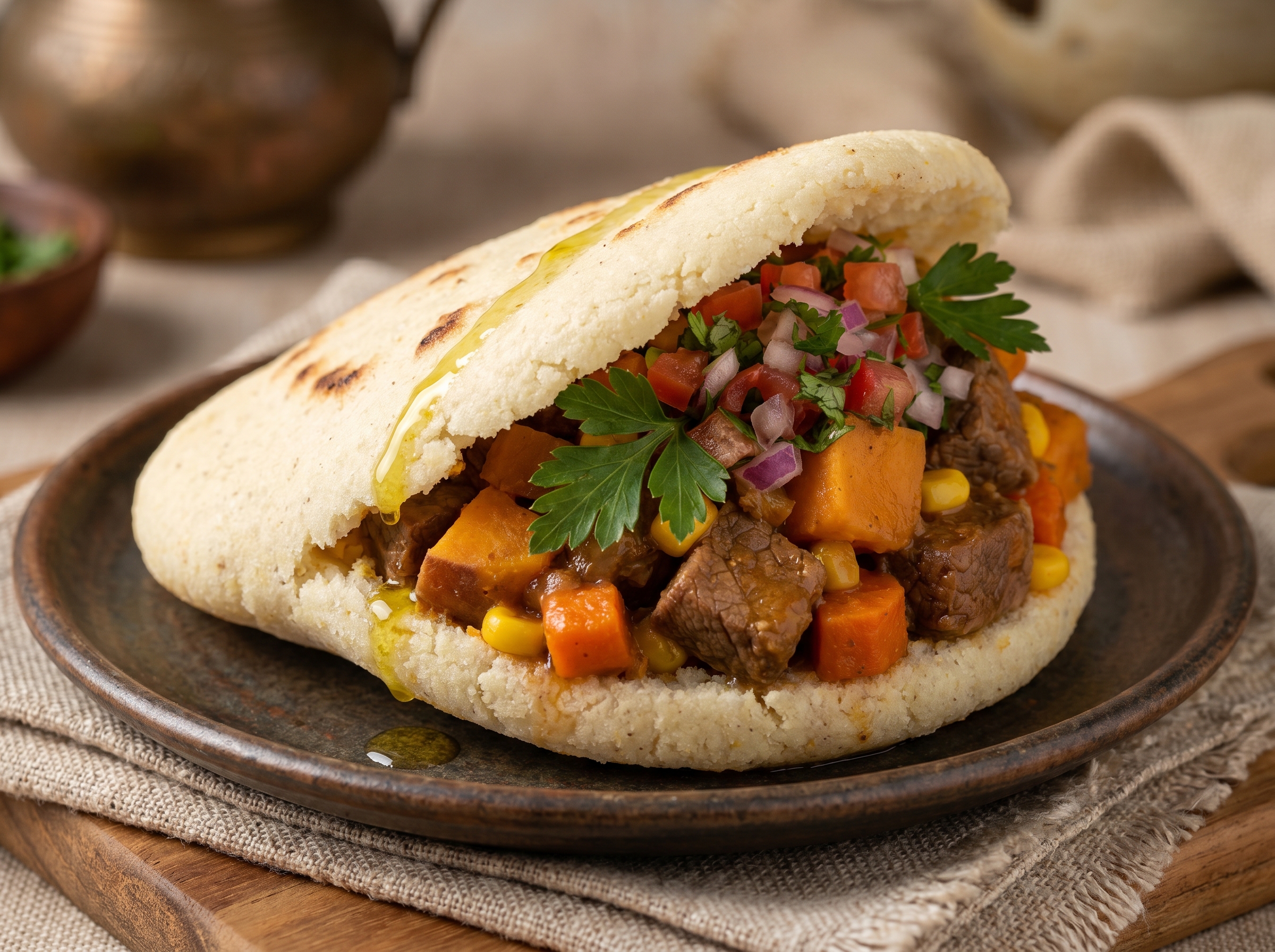 Arepa Rellena de Carbonada Criolla