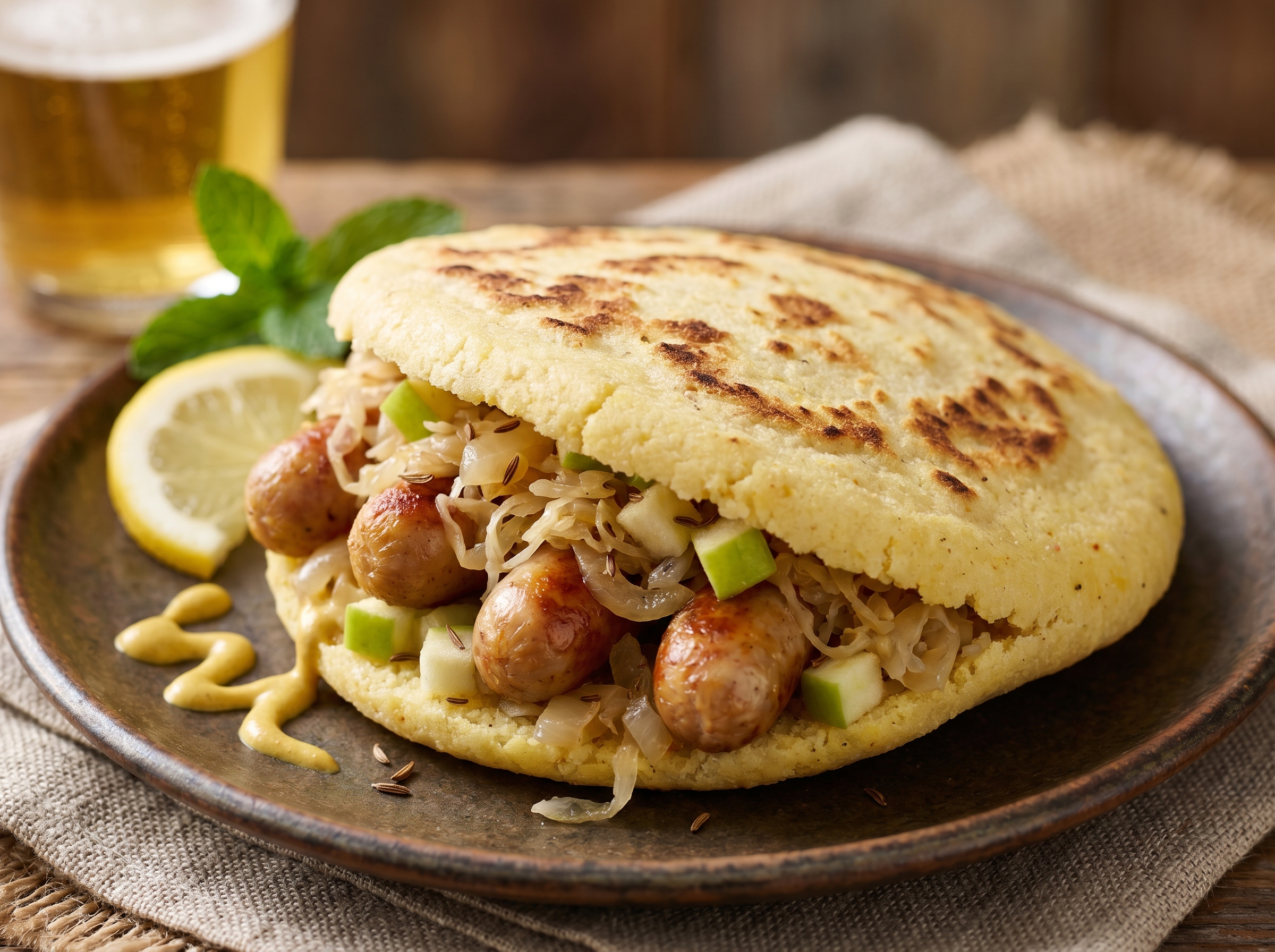 Arepa rellena de chucrut y salchichas estilo Coronel Suárez