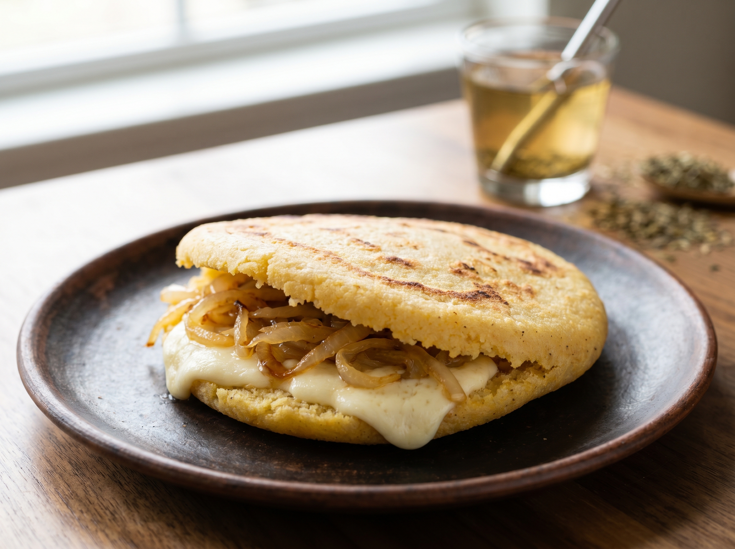Arepa de Sopa Paraguaya con Queso y Cebolla Caramelizada