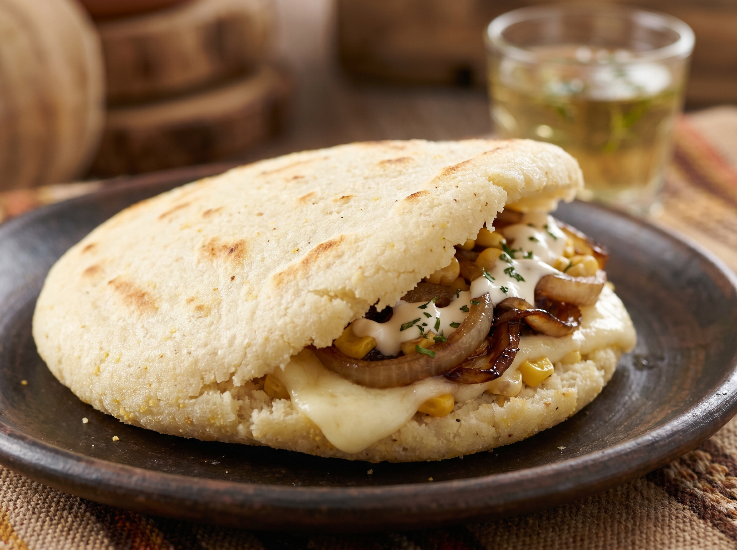 Arepa de Sopa Paraguaya con Queso y Cebolla Caramelizada