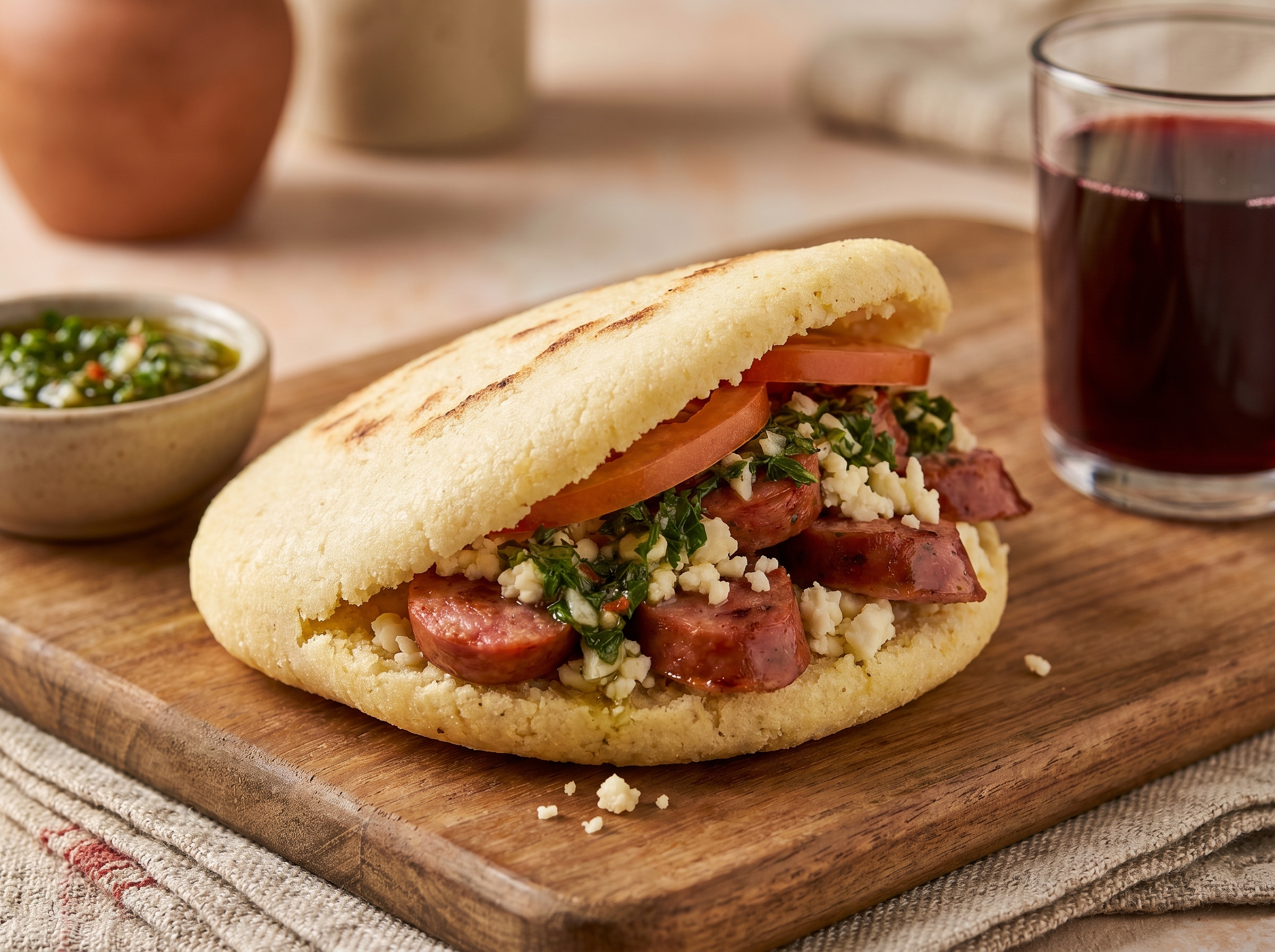 Arepa Choripán (Arepa Rellena de Chorizo y Chimichurri)