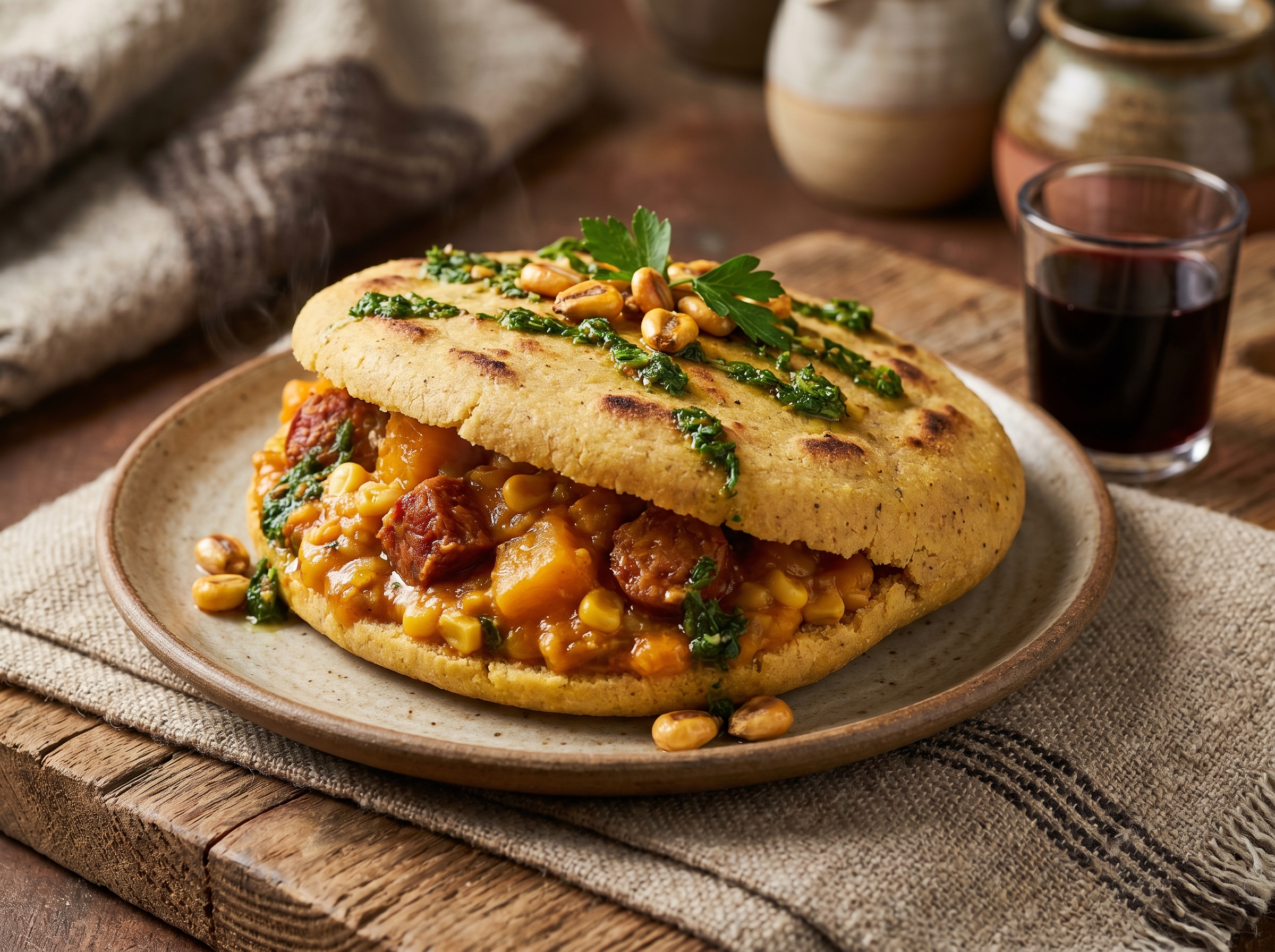 Arepa de Locro con Chicharrón y Chimichurri