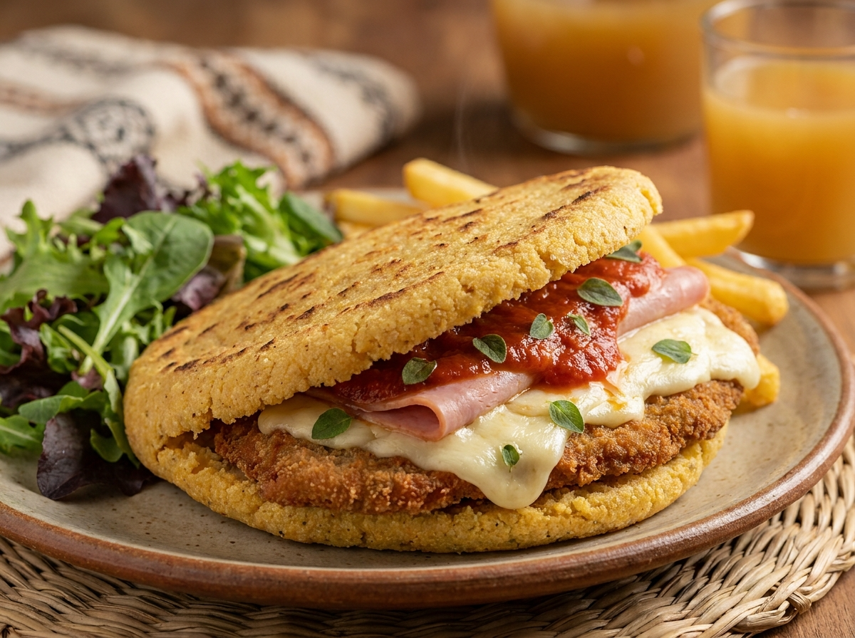 Arepa a la Napolitana: Milanesa, Jamón y Mozzarella