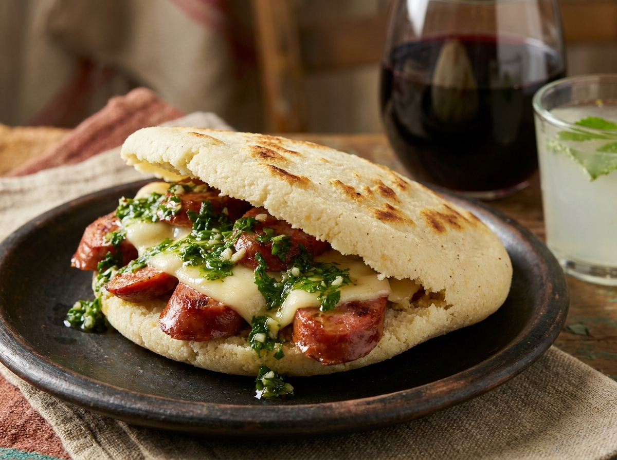 Arepa Choripanera (Arepa de Chorizo con Chimichurri)
