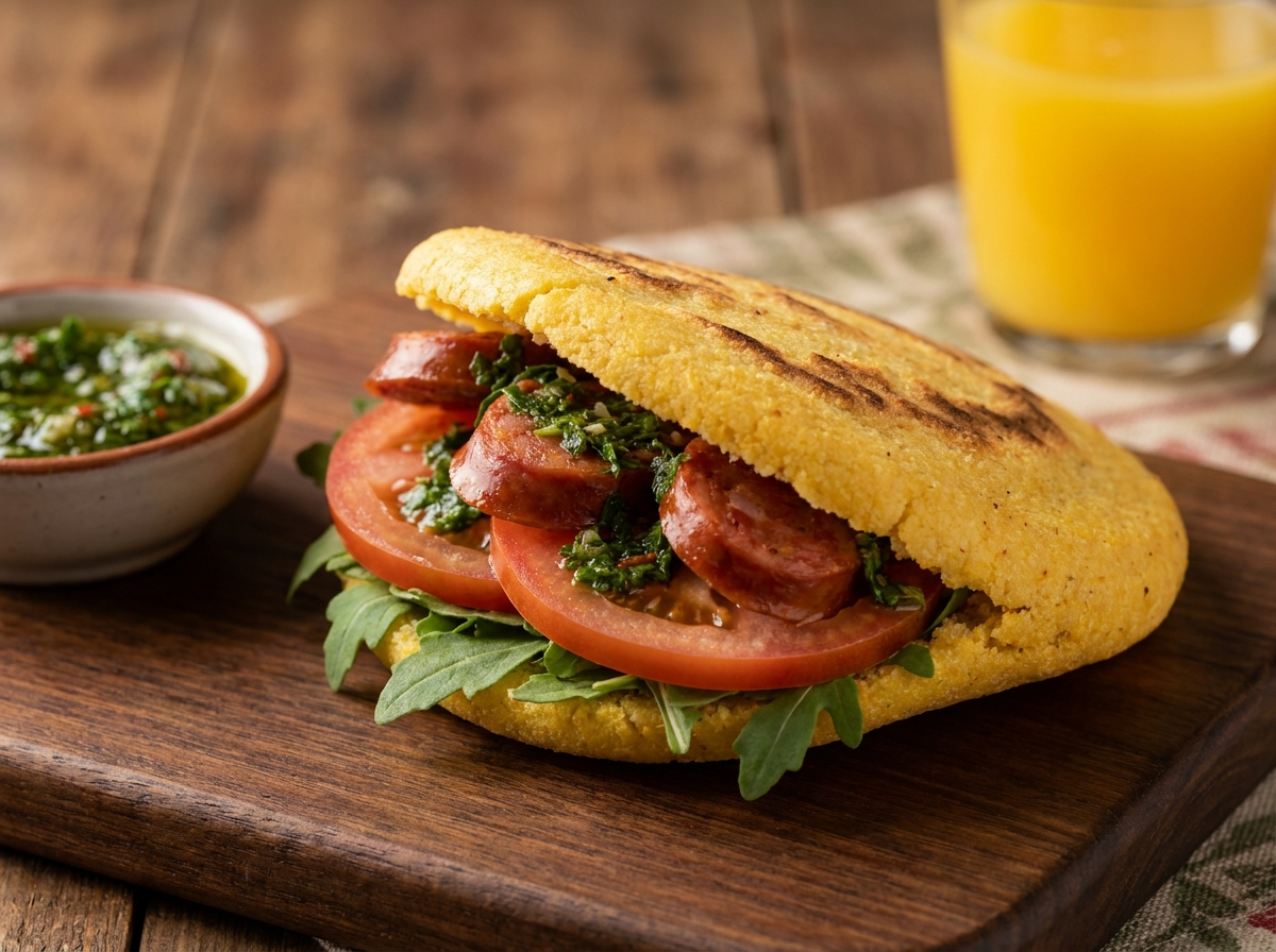 Arepa Rellena de Choripán con Chimichurri