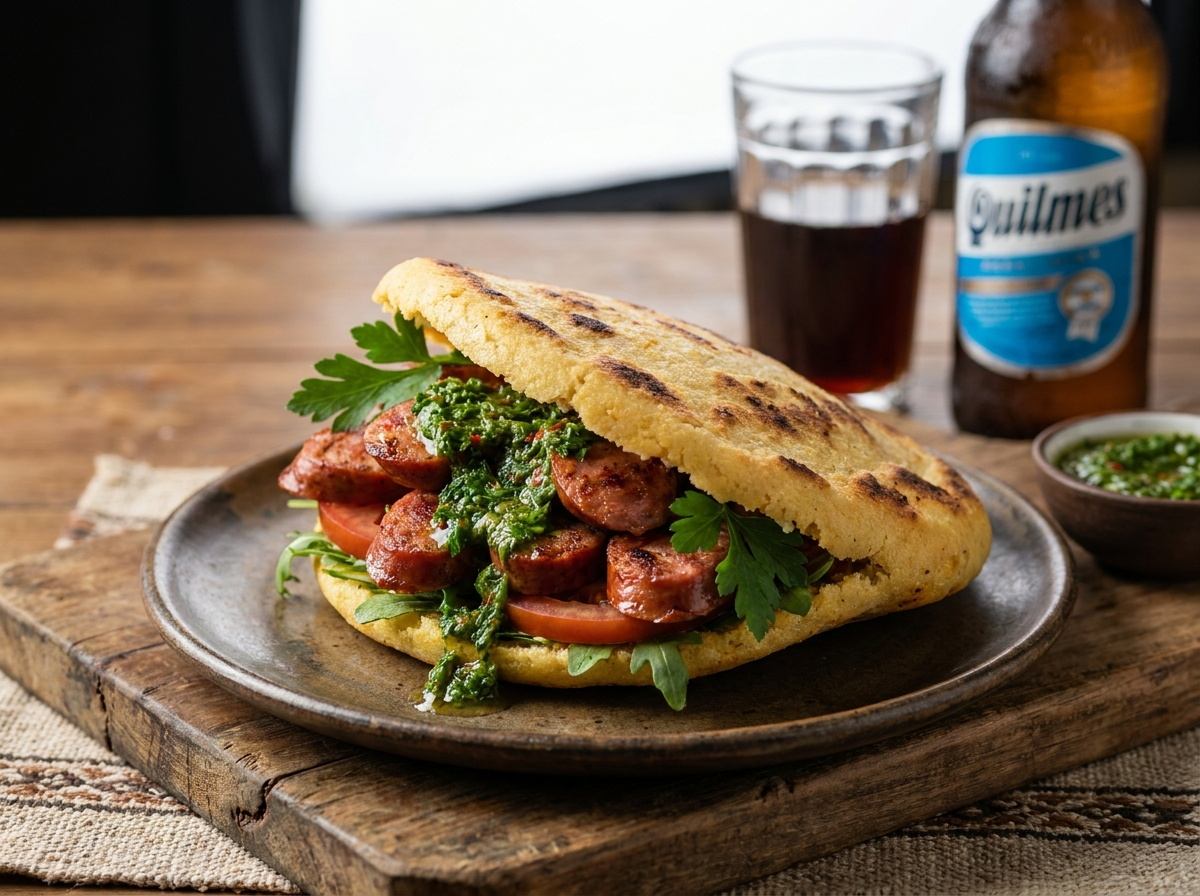 Arepa Choripán con Chimichurri (Fusión Argentina-Venezolana)