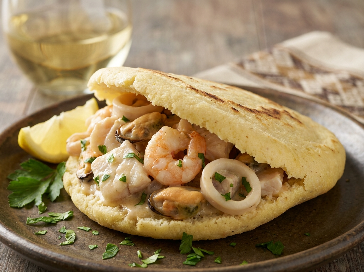 Arepa Rada Tilly: Seafood Stew Stuffed Arepa