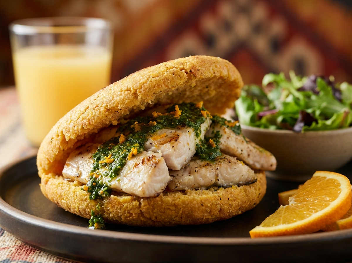 Arepa de Surubí a la Parrilla con Chimichurri de Naranja