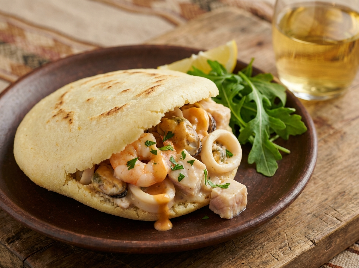 Arepa de Cazuela de Mariscos Patagónica