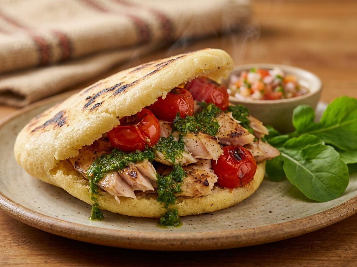 Arepa de Surubí a la Parrilla con Chimichurri y Tomates Asados