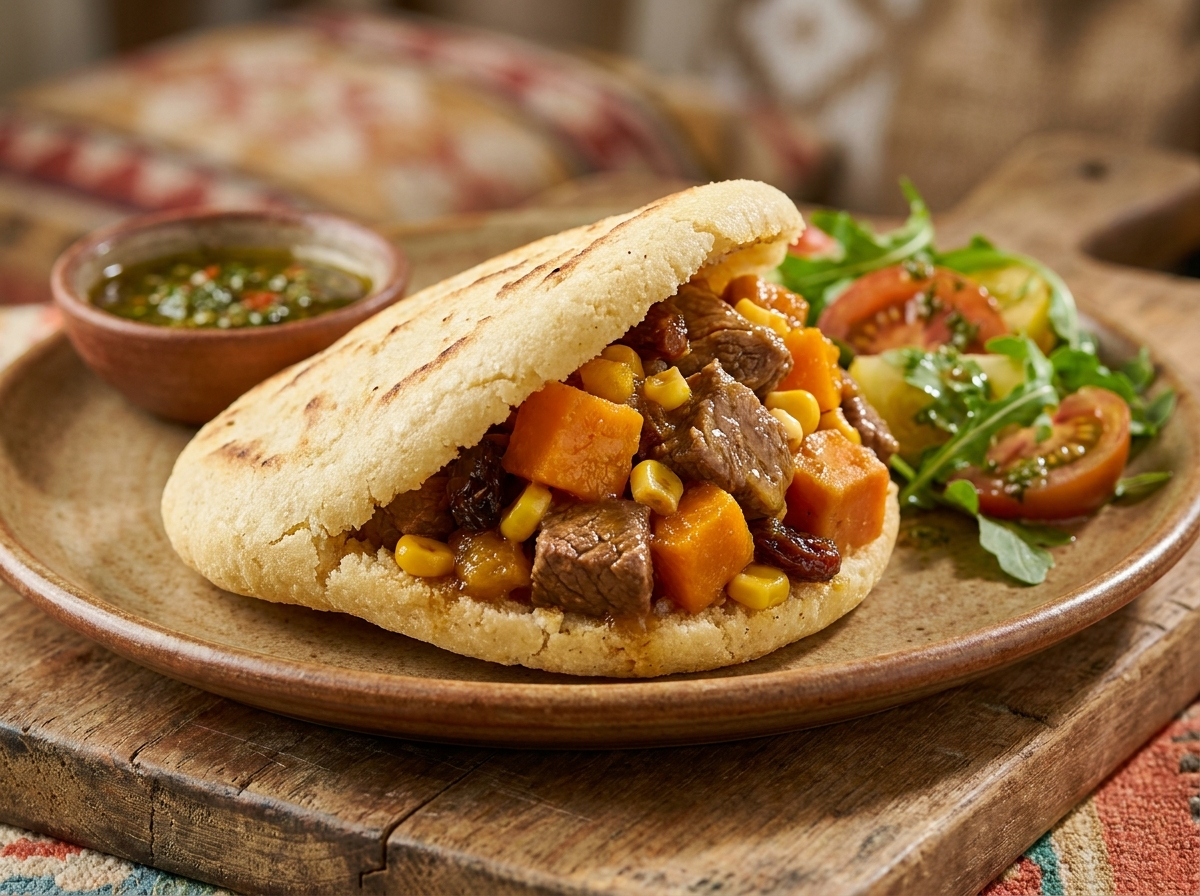 Arepa rellena de carbonada criolla