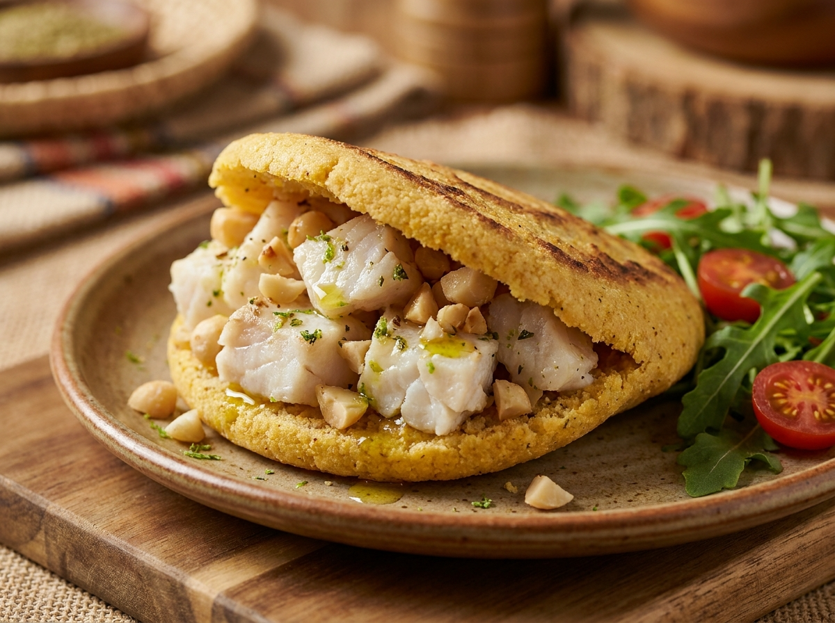 Arepa Rellena de Barramundi con Lima de Montaña y Macadamia