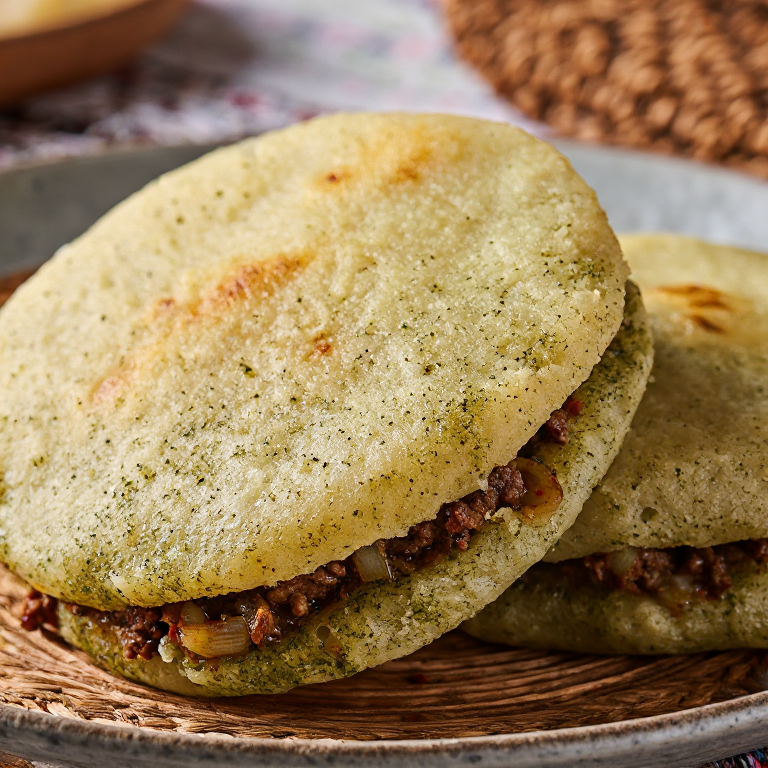 Arepa Pie Floater: Arepa de arvejas con relleno de carne especiada
