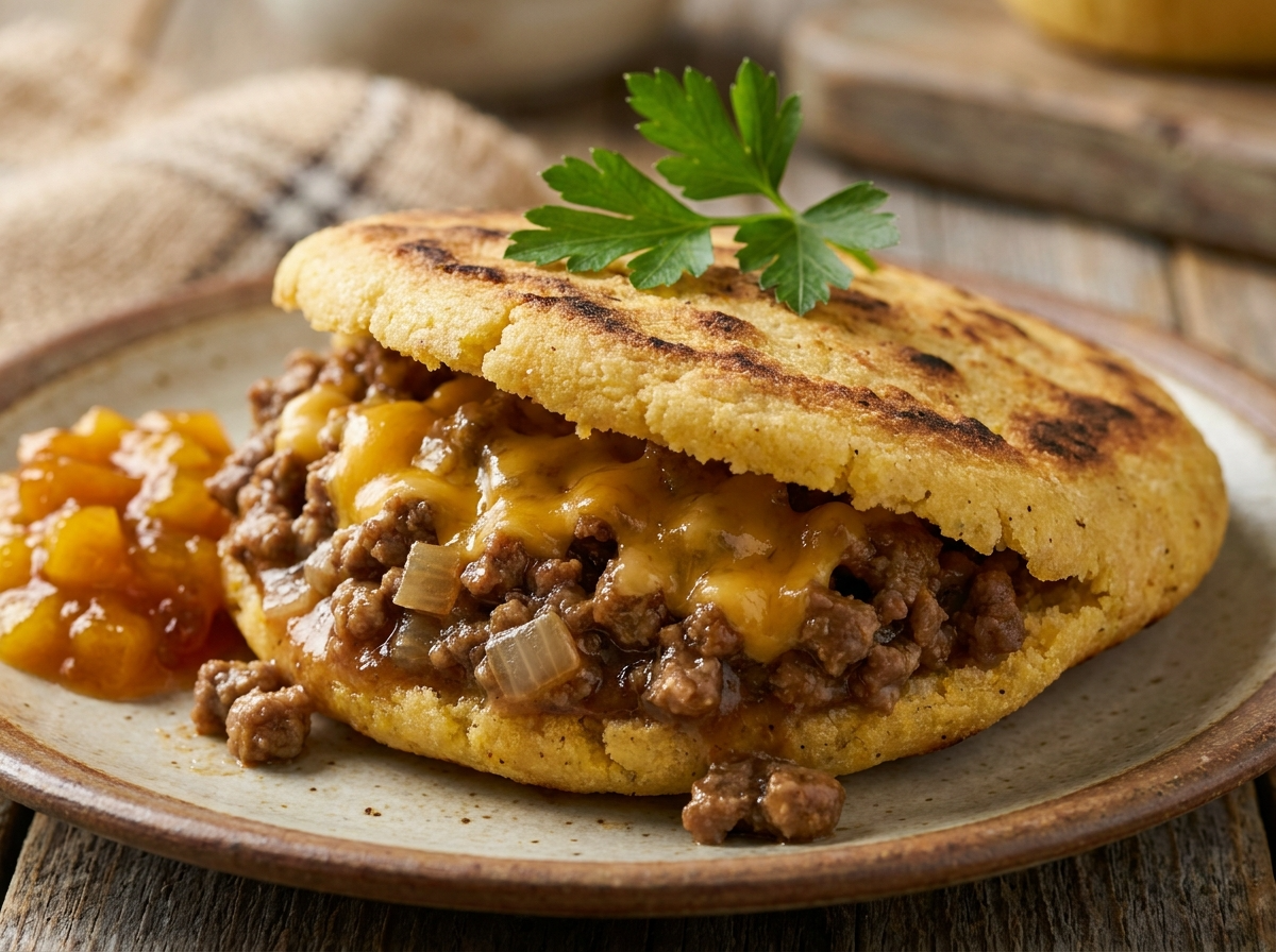 Arepa Rellena de Carne Estilo Pie Australiano