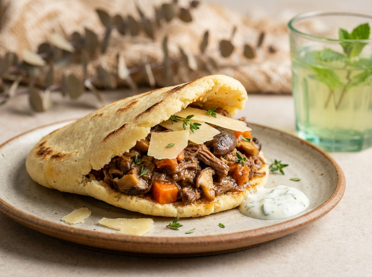 Arepa rellena de estofado de res y hongos al estilo Atherton