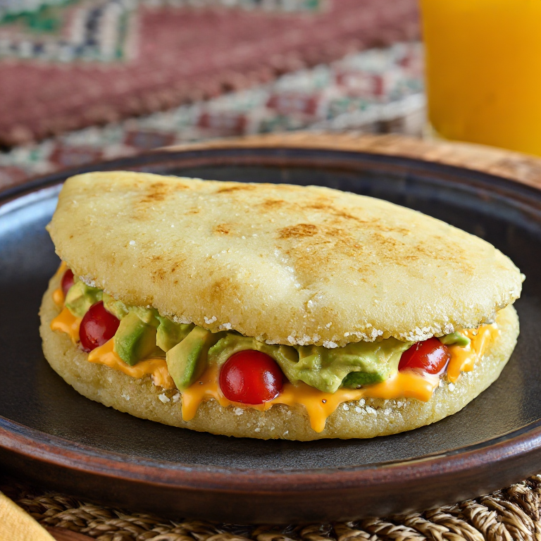 Arepa Vegemite y Queso con Aguacate y Tomate Cherry