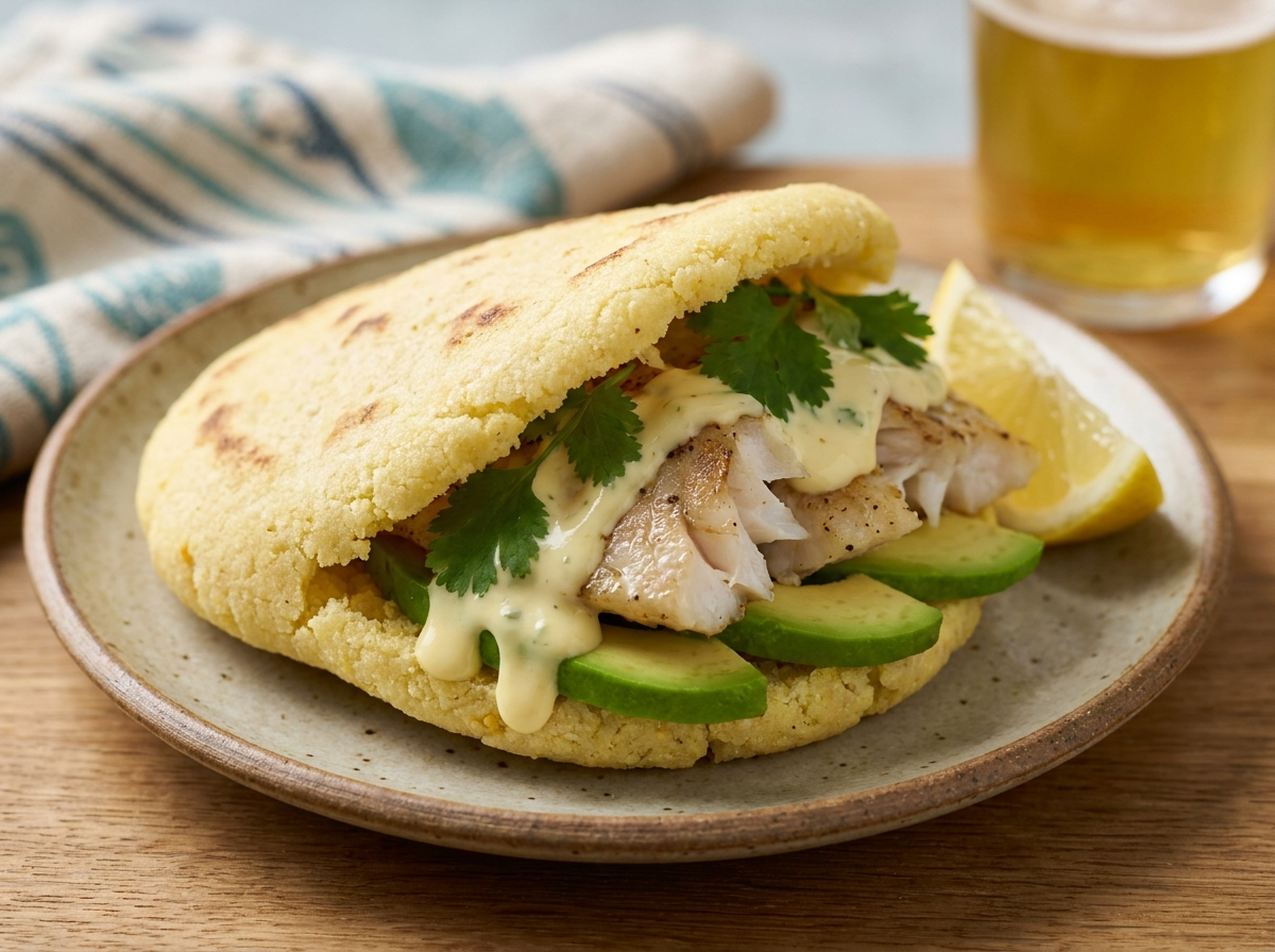 Arepa de Barramundi a la Plancha con Palta y Alioli de Limón