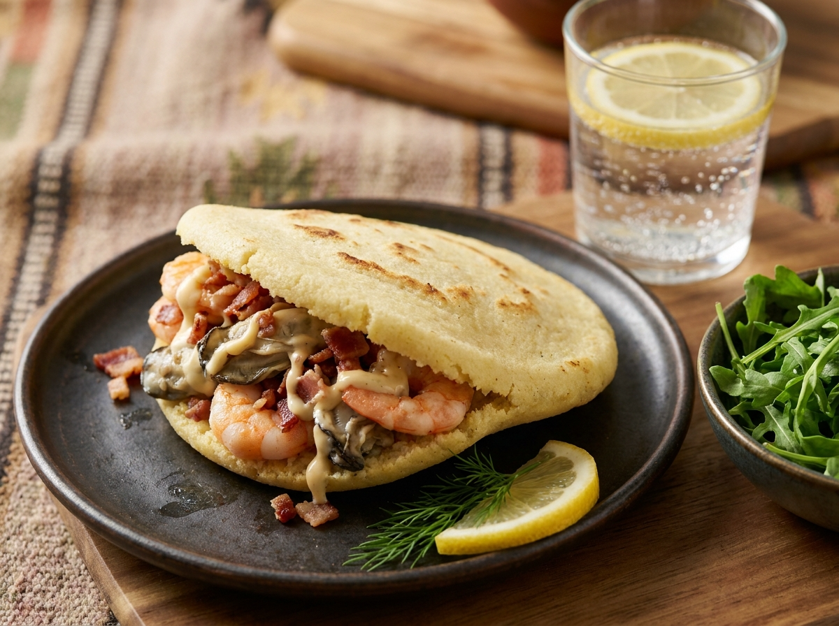 Arepa de Mariscos de Batemans Bay con Aioli de Limón Mirtáceo