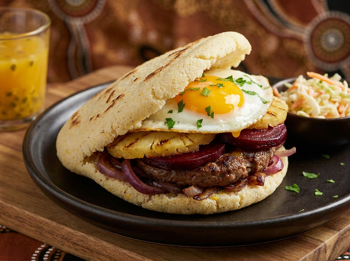 Arepa Australiana: Rellena de Hamburguesa con Remolacha y Huevo