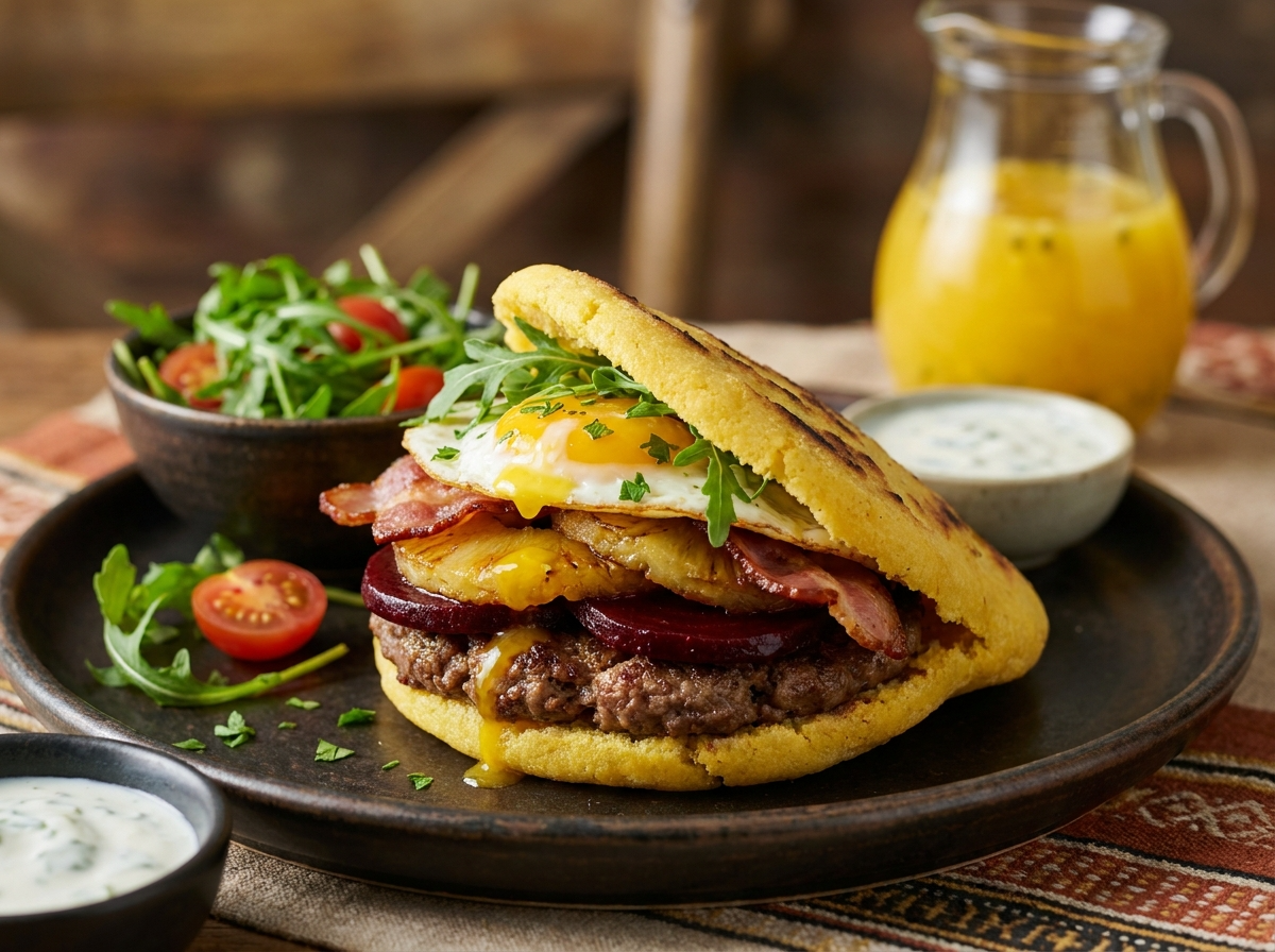 Arepa Australiana de Beerwah: Hamburguesa BBQ con Remolacha y Piña