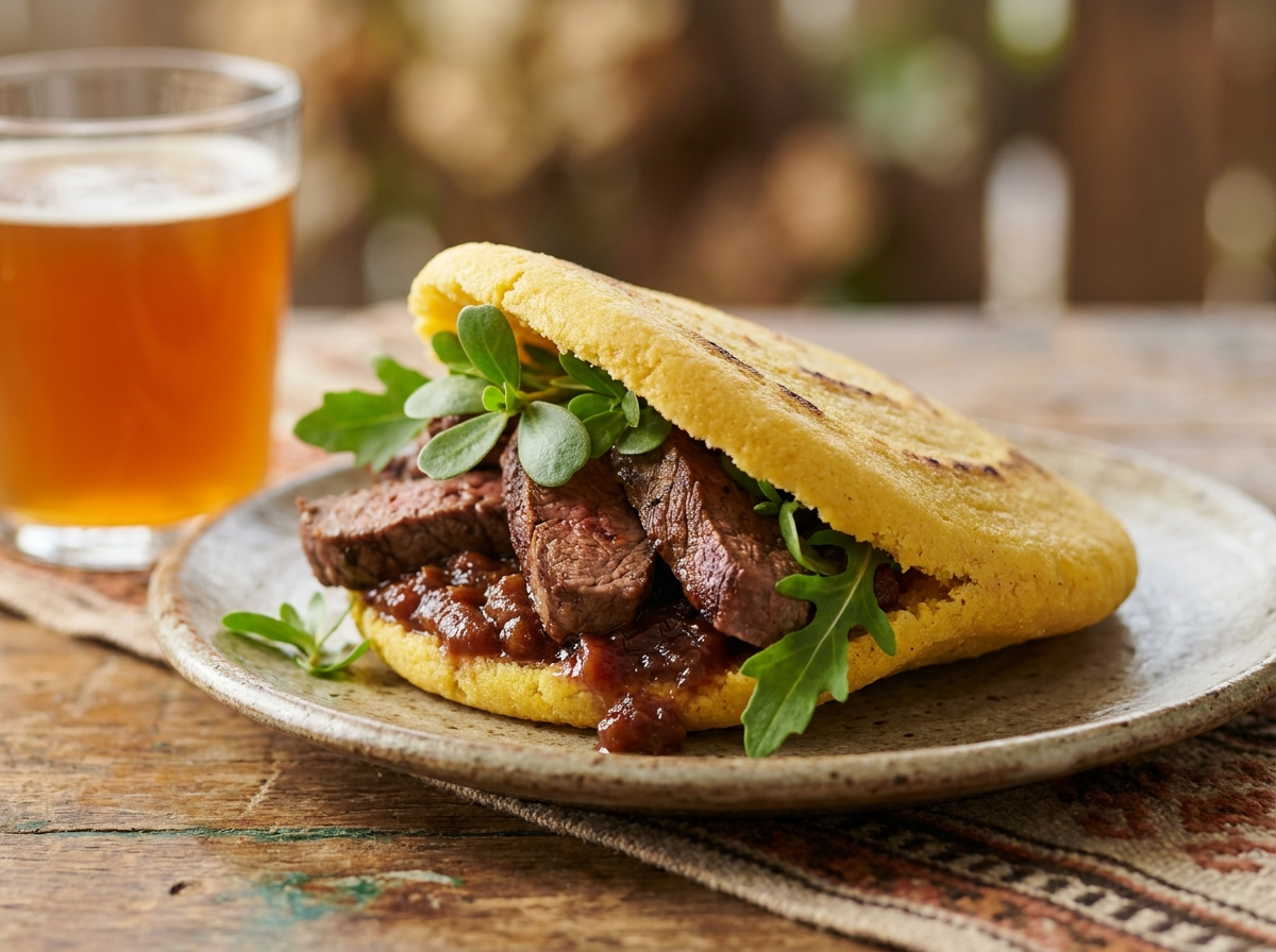 Arepa de Canguro Australiano con Chutney de Bush Tomato