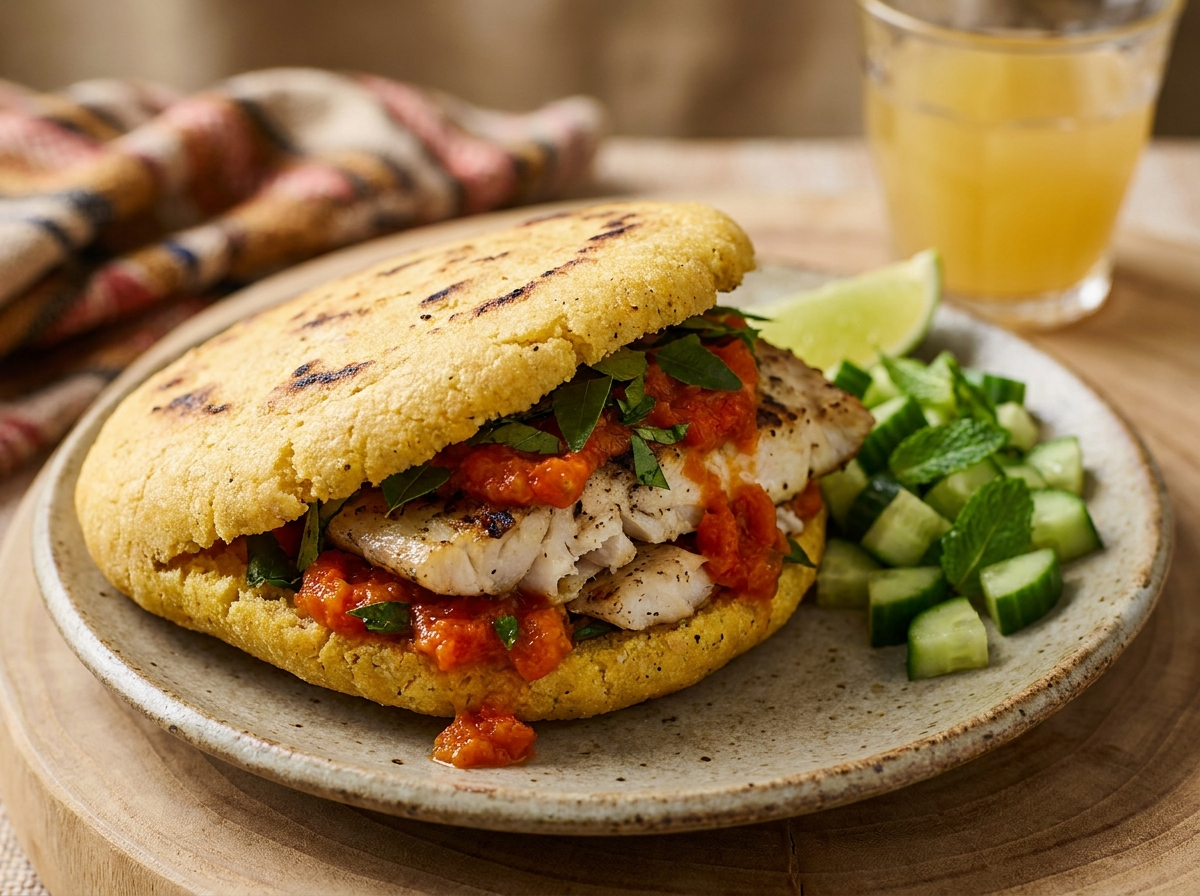 Arepa de Barramundi con Limón Myrtle y Relish de Tomate Bush