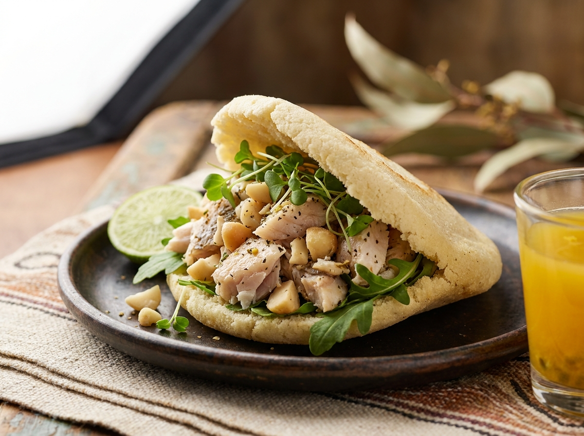 Arepa de Barramundi con Costra de Macadamia y Lemon Myrtle