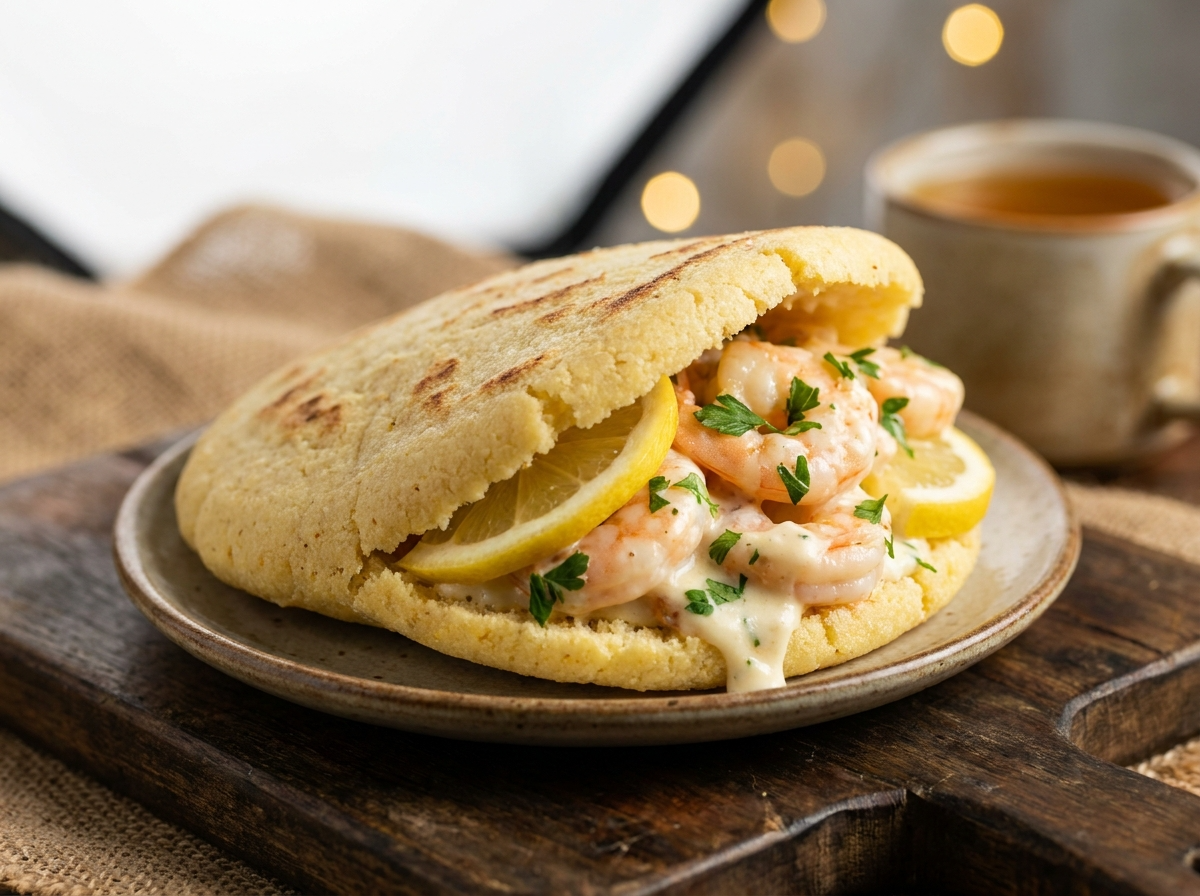 Arepa Busselton de Gambas al Ajillo Cremosas