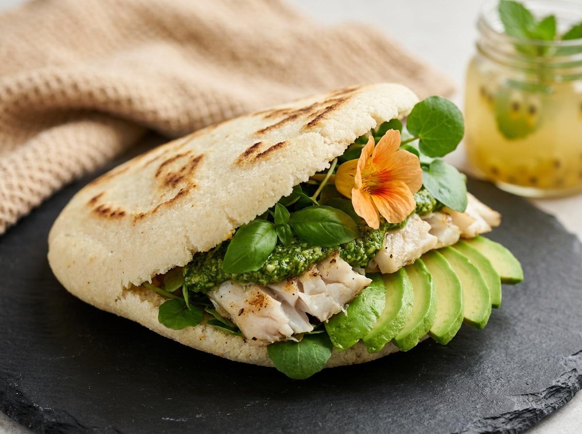 Arepa de Barramundi a la Parrilla con Pesto de Limón Mirtáceo y Macadamia