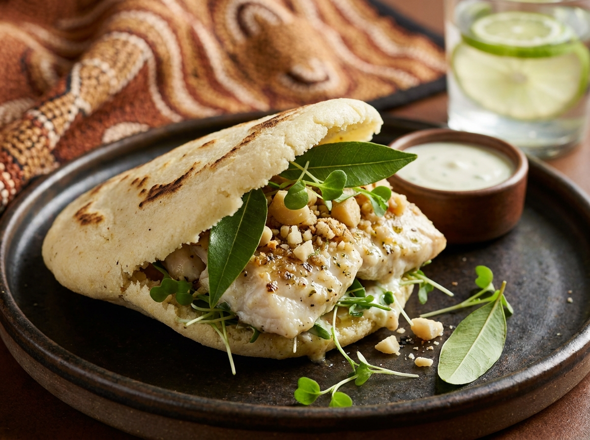 Arepa de Barramundi con Costra de Macadamia y Limón Mirtáceo