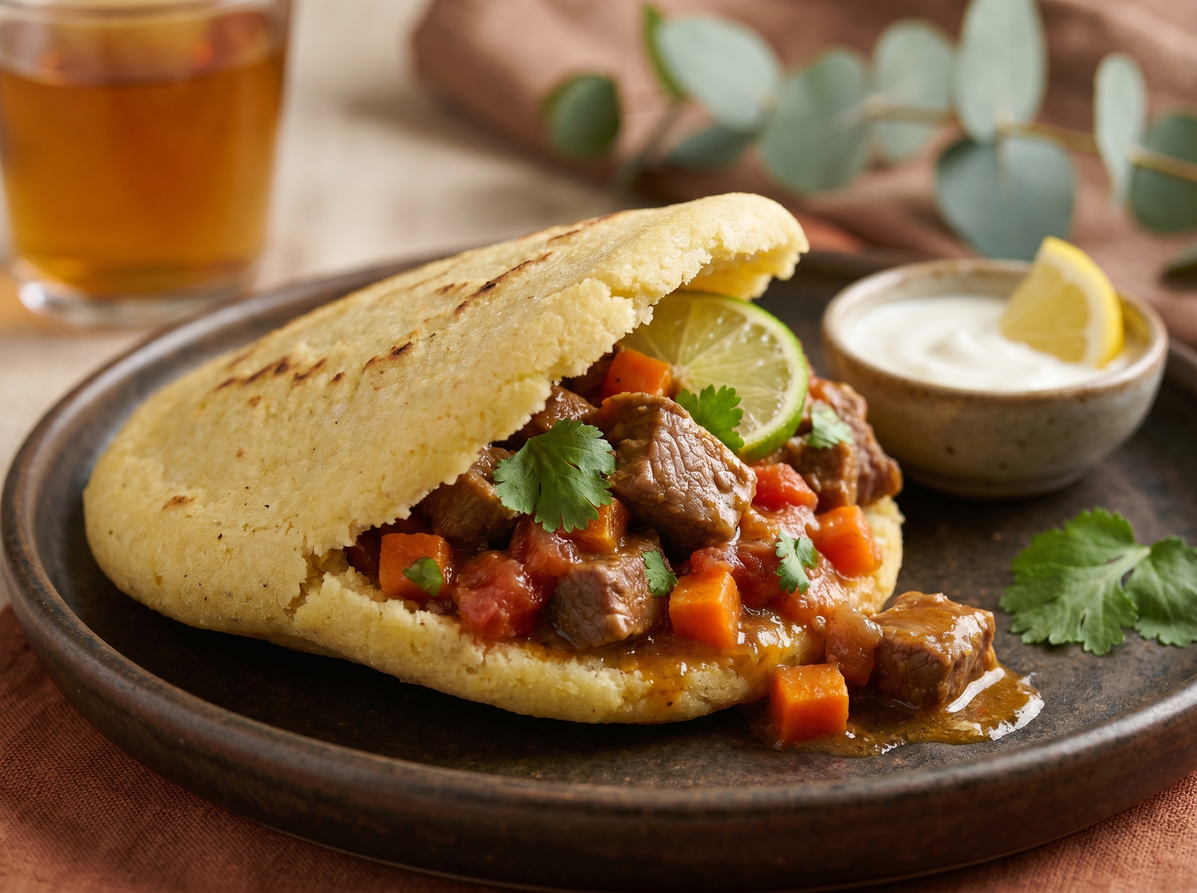 Arepa de Canguro Guisado con Wattleseed y Tomate Australiano