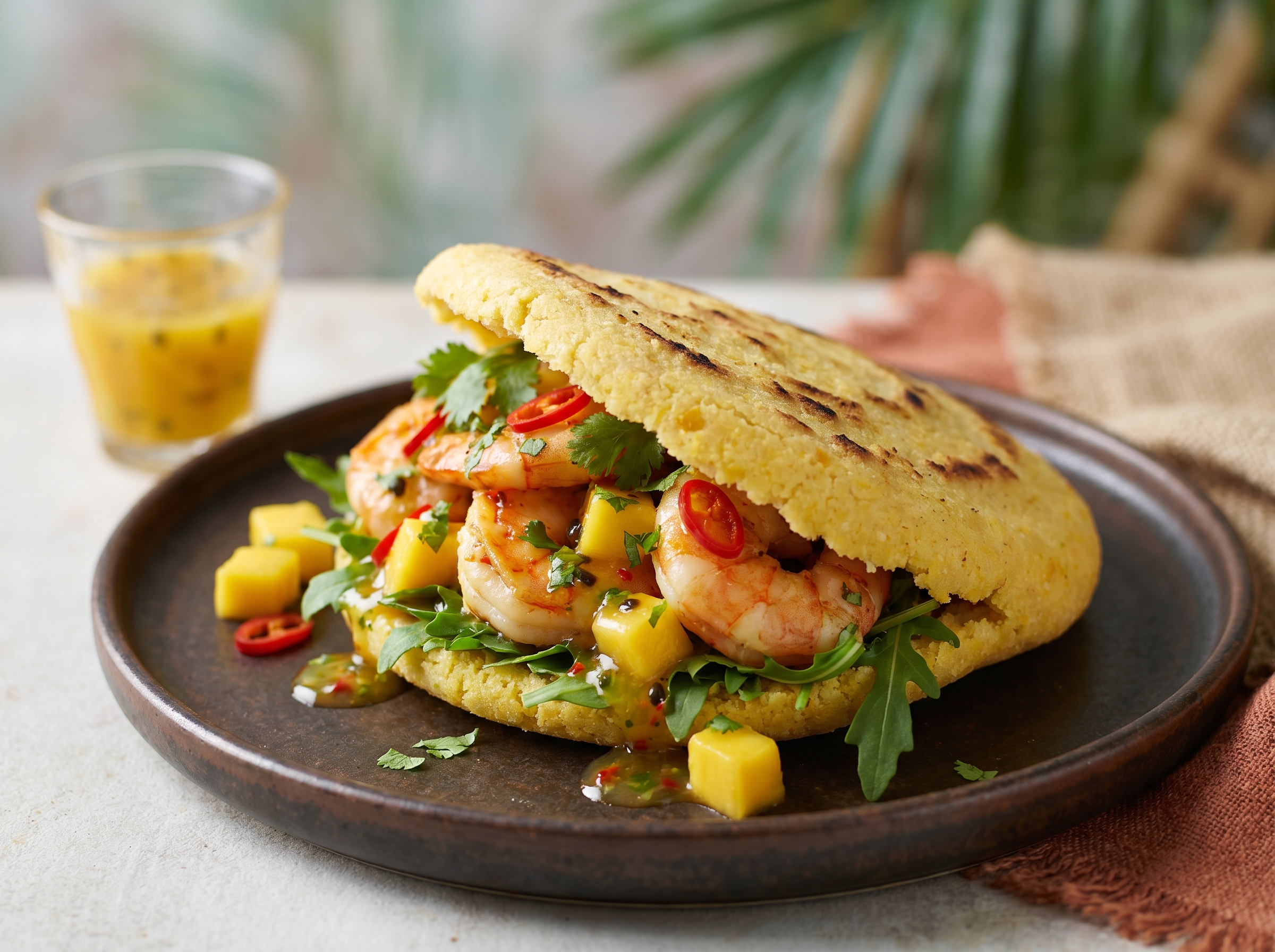 Arepa Australiana de Camarones y Mango con Aderezo de Lima y Chili