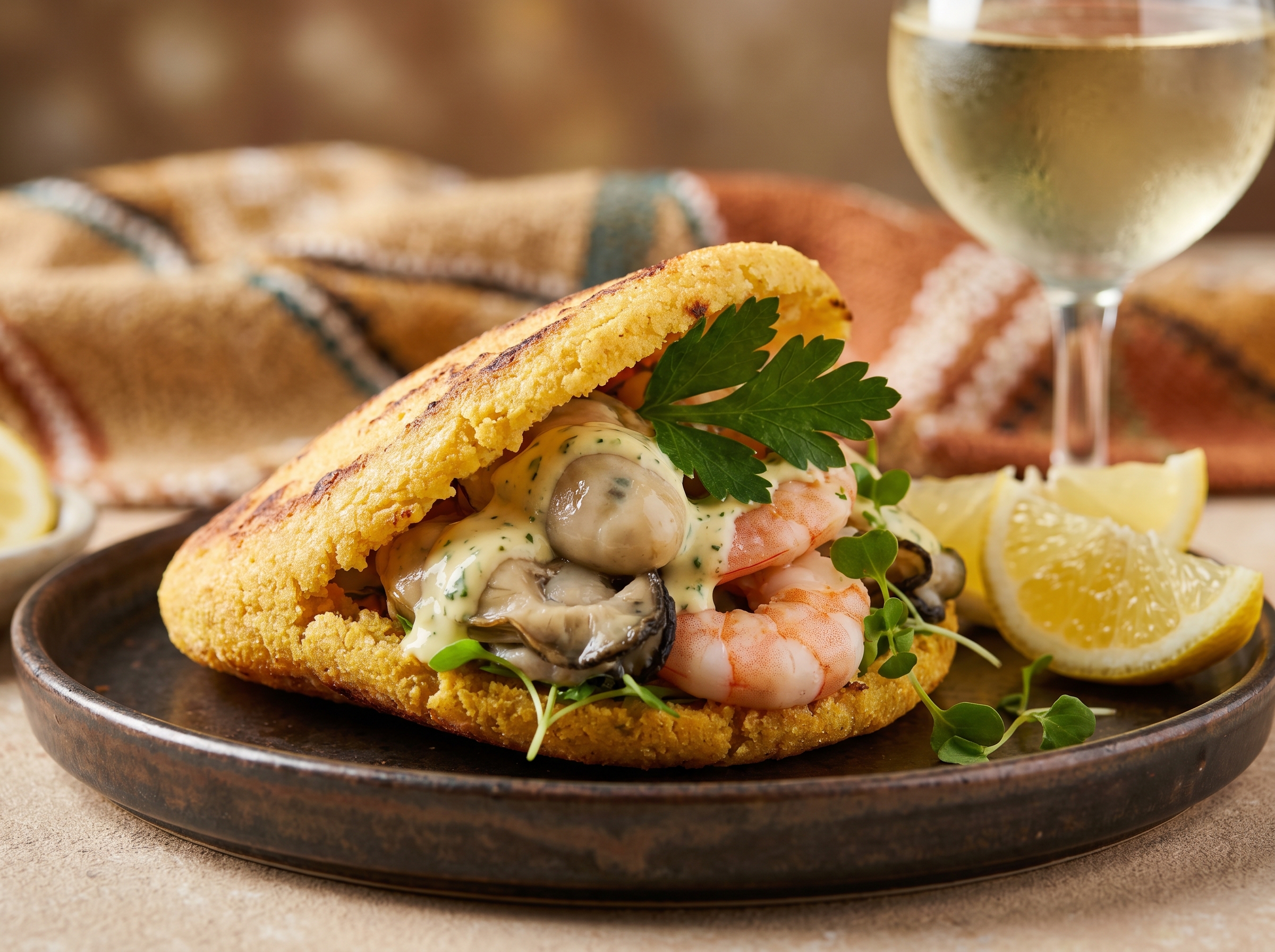Arepa rellena de ostras y langostinos estilo Ceduna