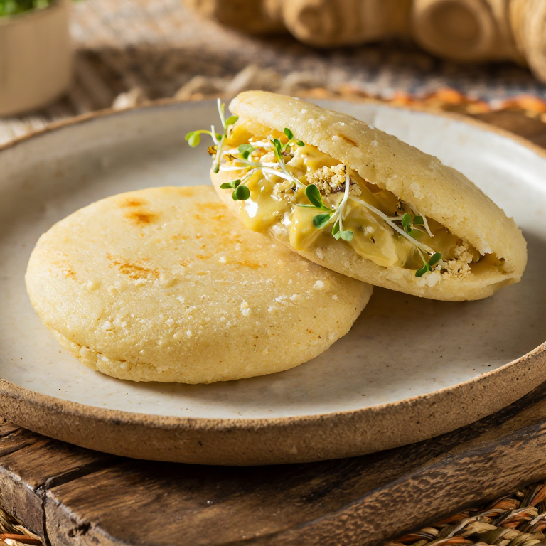 Arepa de Barramundi con Aioli de Limón Mirtáceo y Crumble de Macadamia