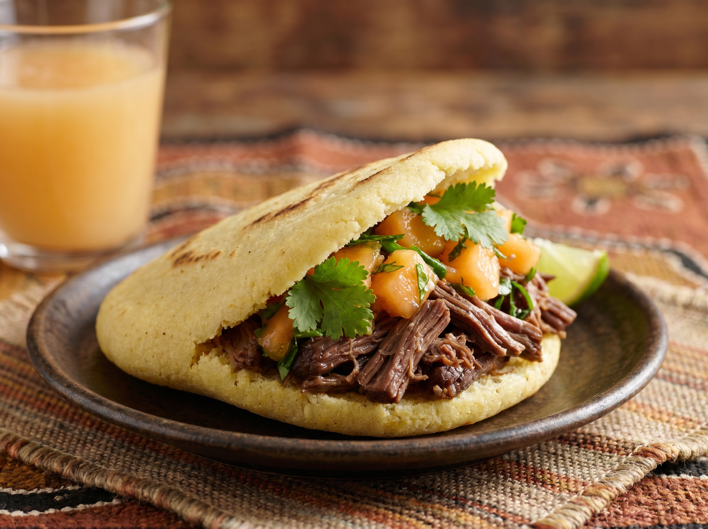Arepa estilo Chinchilla (rellena de carne braseada y ensalada de melón)