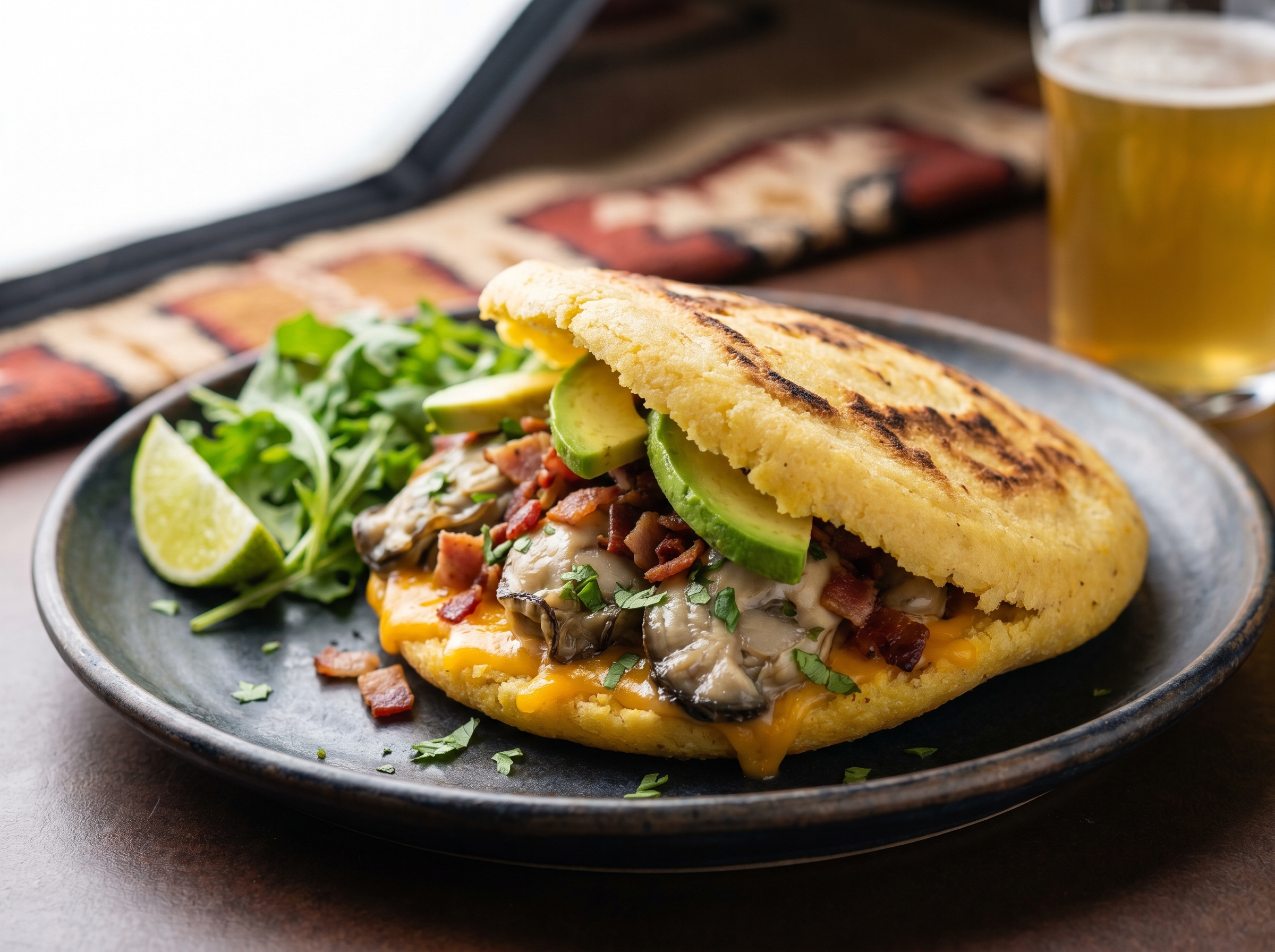 Arepa Cowell: Oyster Kilpatrick y Aguacate