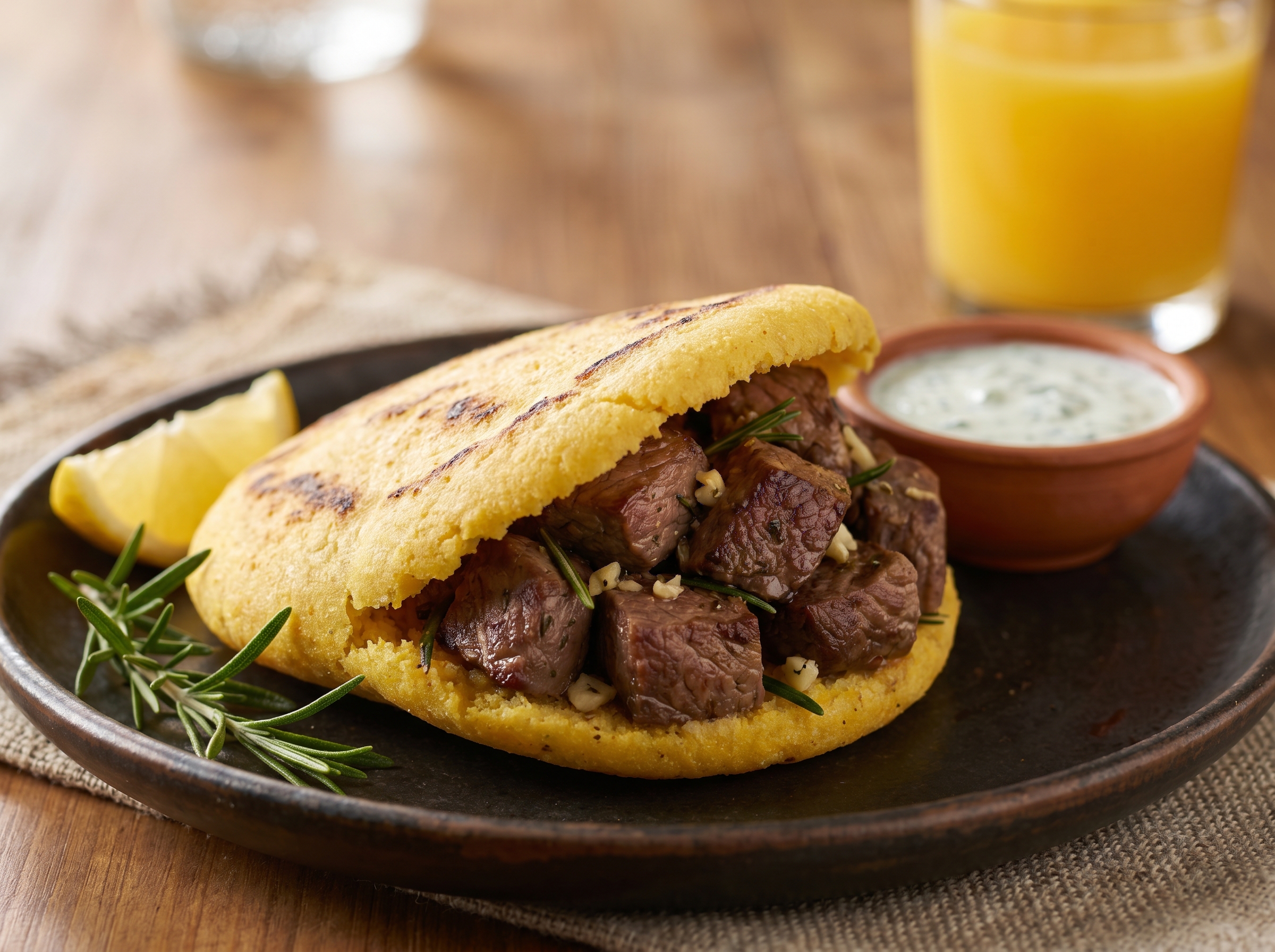 Arepa rellena de cordero australiano con romero